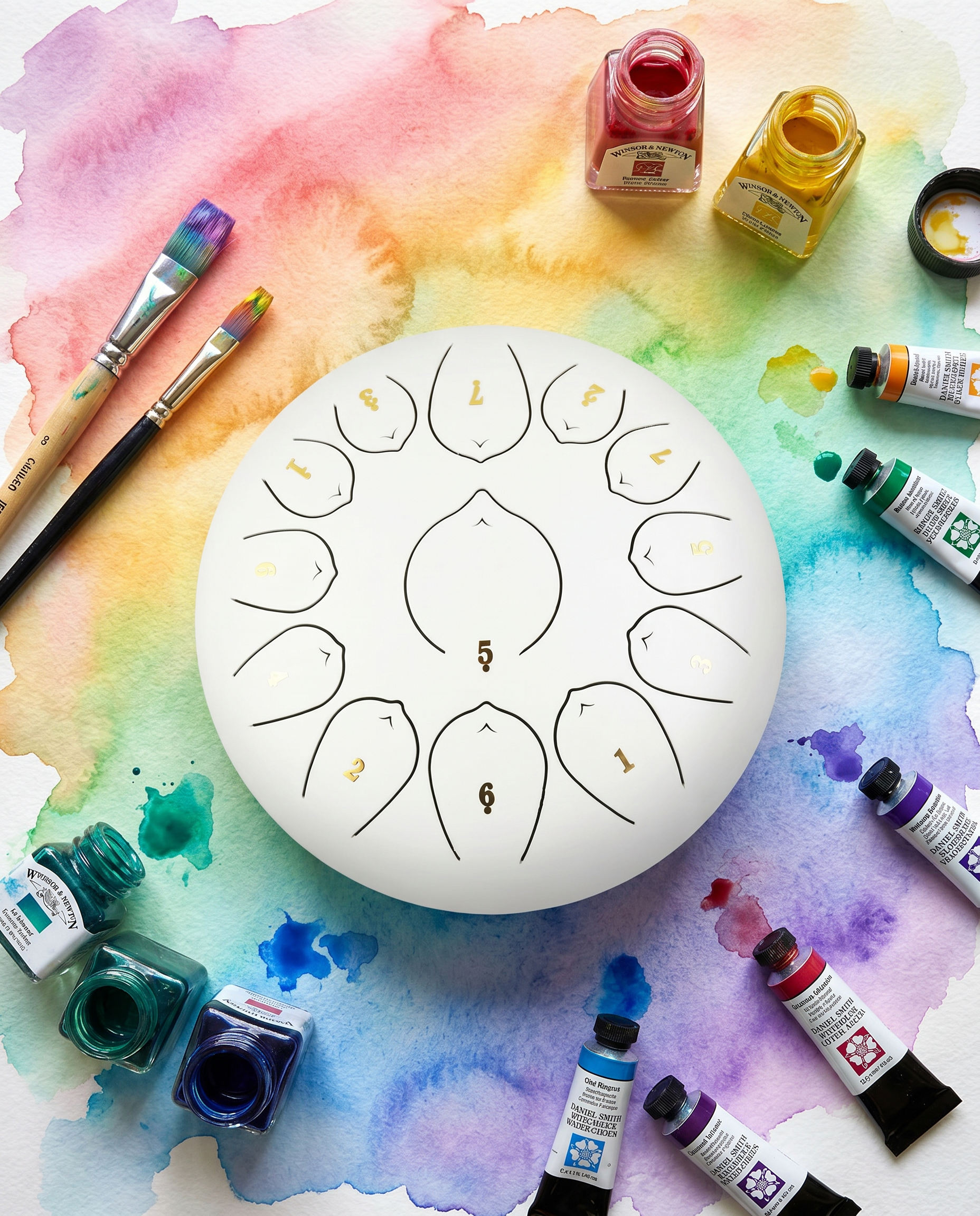 ` Ethereal 12-inch steel tongue drum with numbered notes beneath an ethereal rainbow sky.
