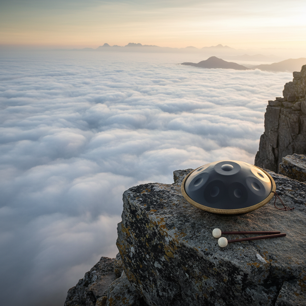 Black 10-Note Ethereal Wild Sanctuary II handpan on a cliff above a sea of clouds at dawn
