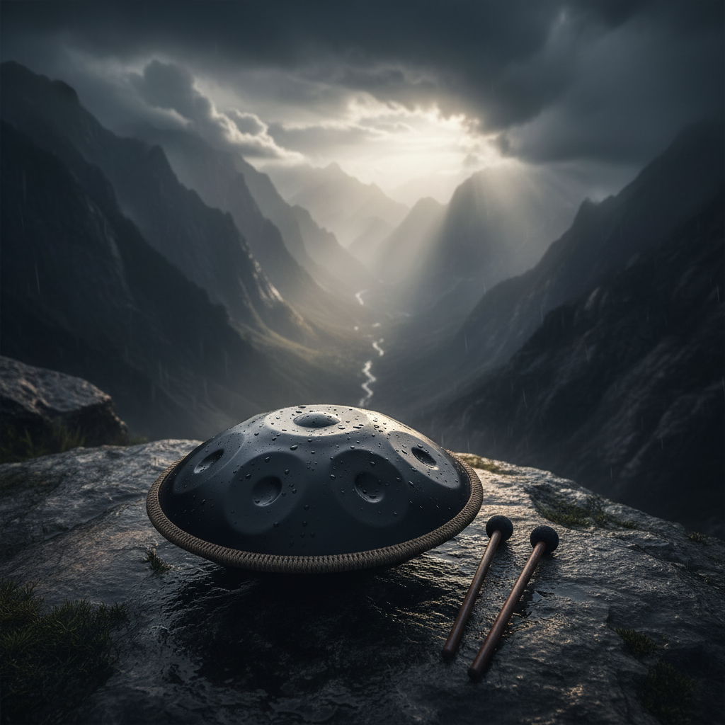 Black 9-Note Ethereal Wild Sanctuary II handpan on a stormy mountain ridge, light breaking