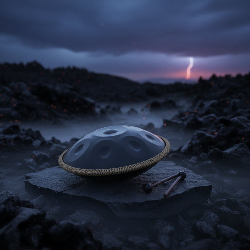 Black 12-Note Ethereal Wild Sanctuary II handpan on an obsidian rock field at dusk with distant lightning