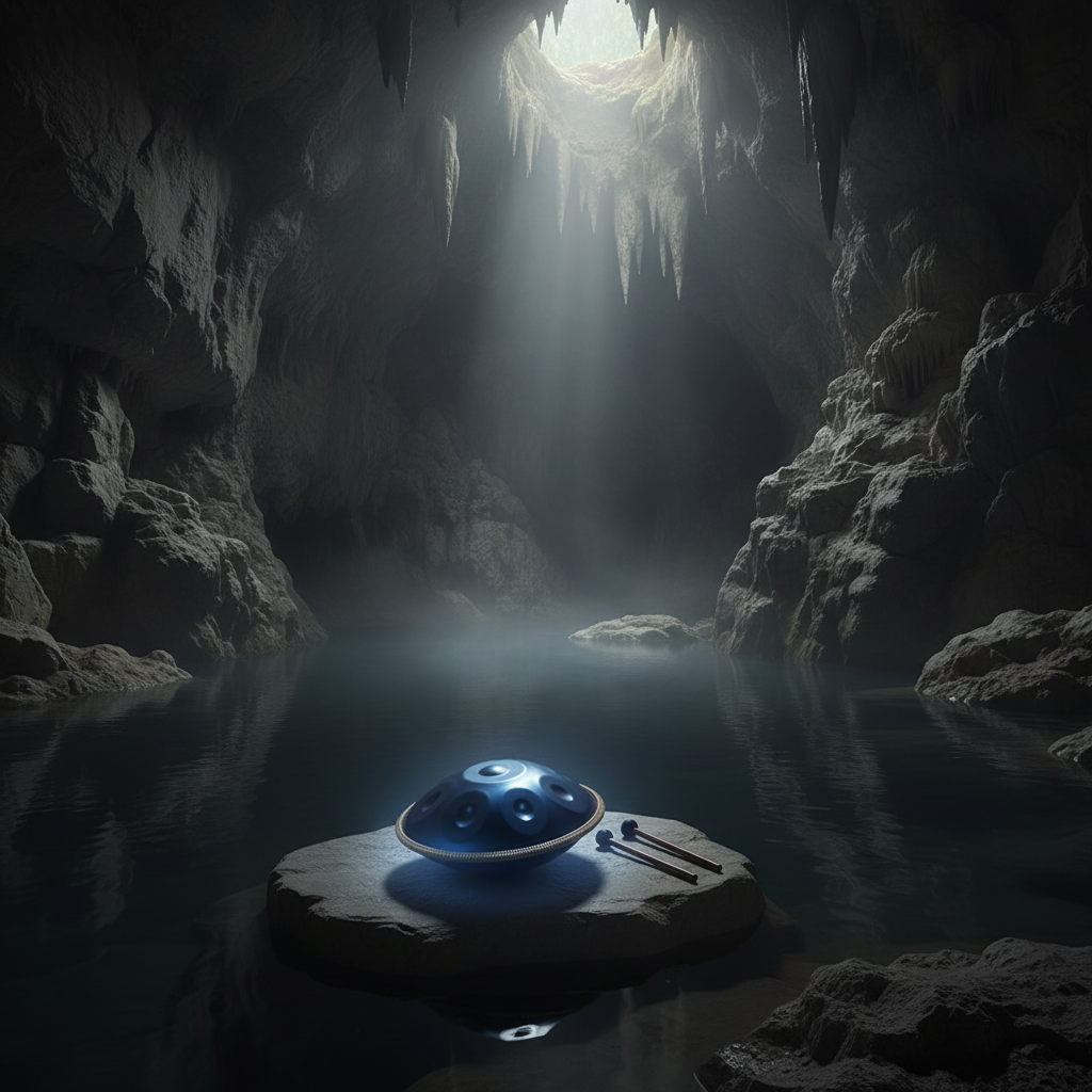 Blue 12-Note Ethereal Wild Sanctuary II handpan in a hidden cave beside a dark still pool