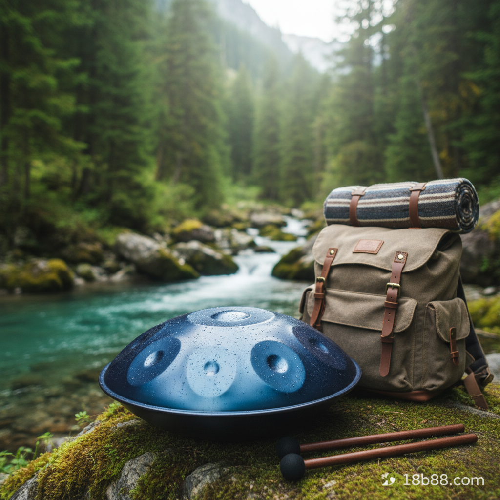 Blue 10-Note Ethereal Wild Sanctuary II handpan by a turquoise mountain stream with a hiking backpack