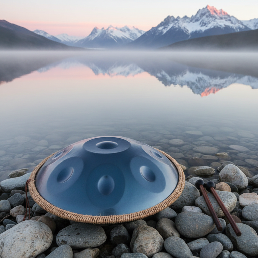 Blue 9-Note Ethereal Wild Sanctuary II handpan at a still glacial lake at sunrise, mirror reflection