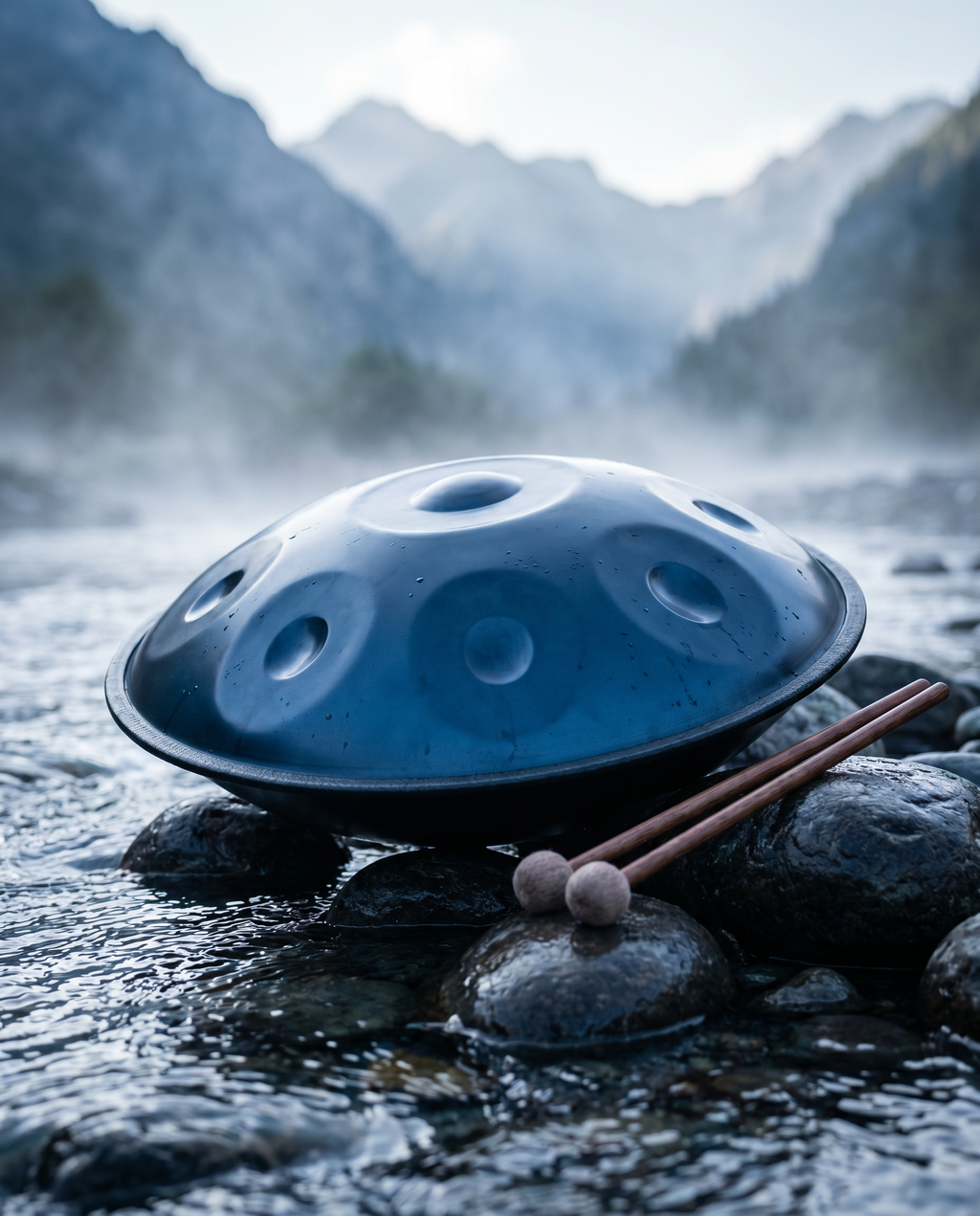 `Blue Ethereal handpan hand dish drum with mallets, resting on a mountain summit above the clouds.