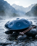 `Blue Ethereal handpan hand dish drum with mallets, resting on a mountain summit above the clouds.