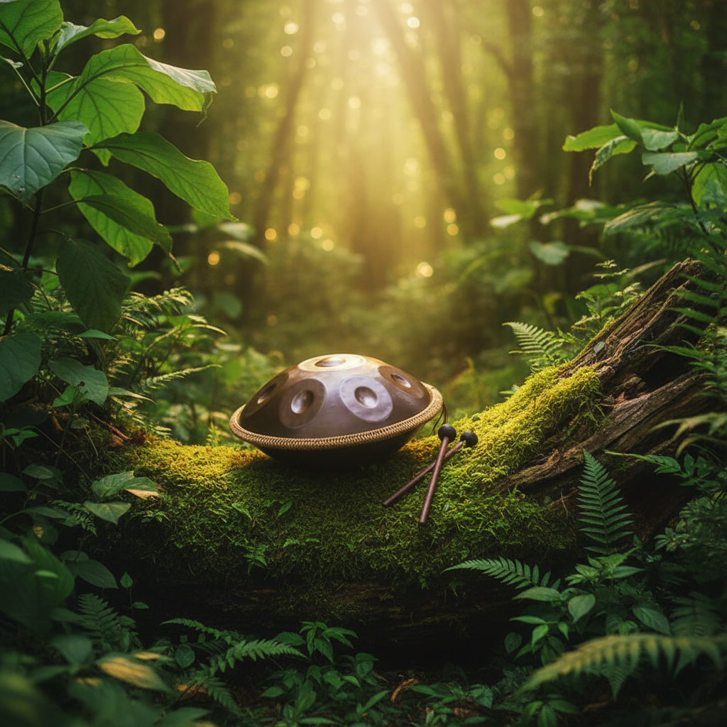 Brown 10-Note Ethereal Wild Sanctuary II handpan on a mossy log in a lush green forest