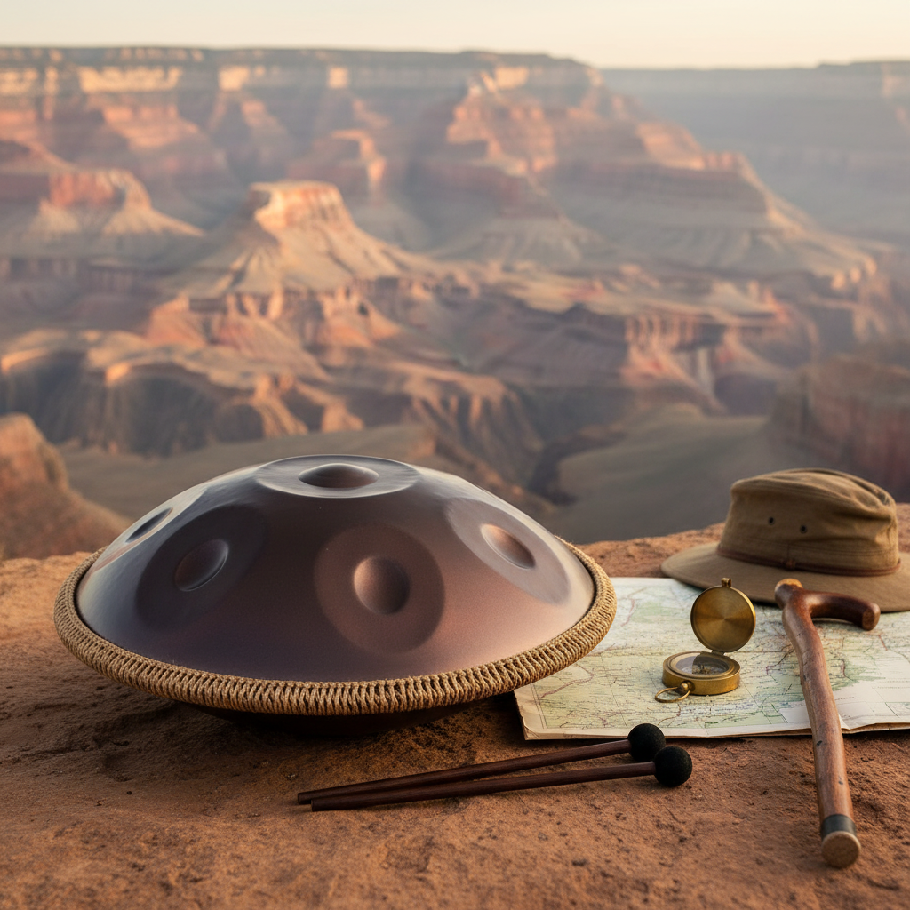 Brown 9-Note Ethereal Wild Sanctuary II handpan at a canyon rim at golden hour with staff, map and compass