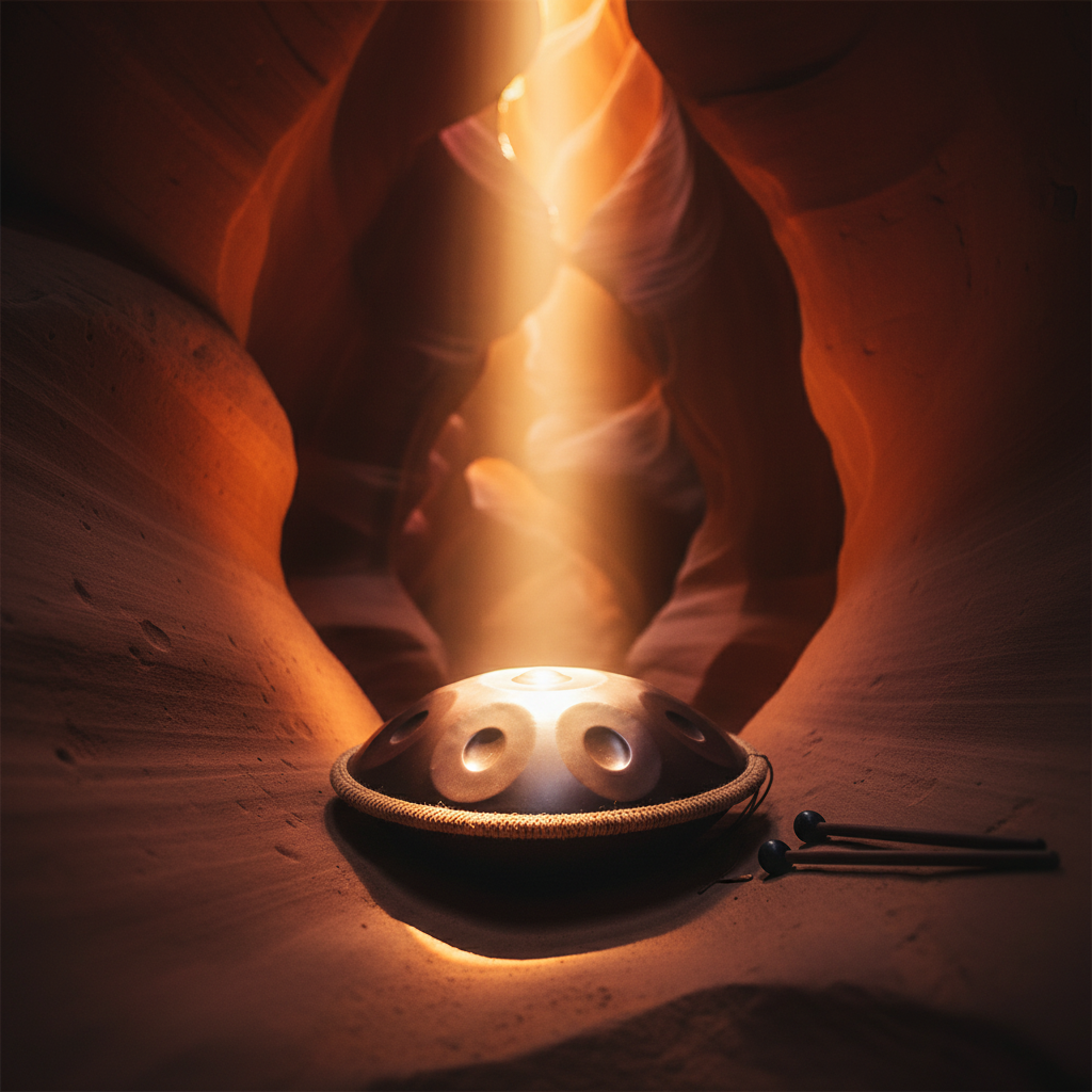 Brown 12-Note Ethereal Wild Sanctuary II handpan in a slot canyon with a shaft of light