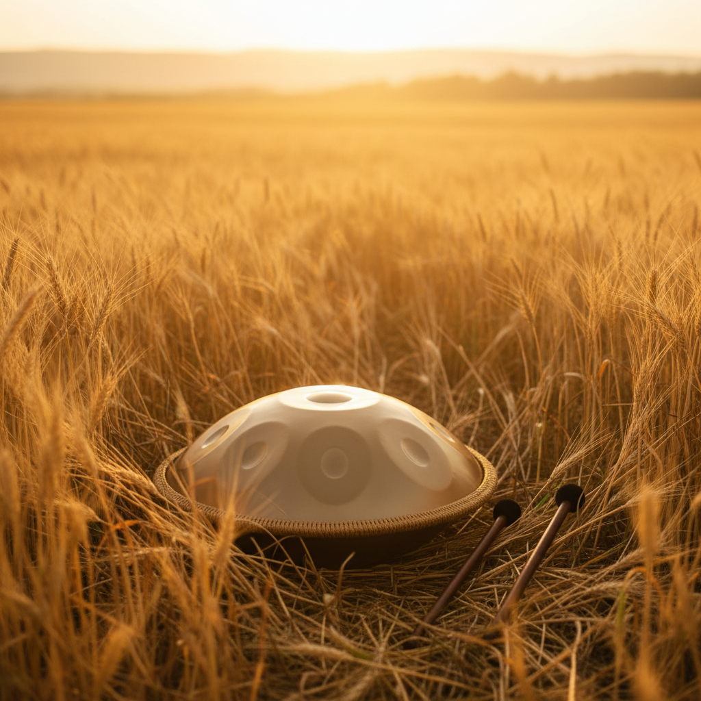 Gold 9-Note Ethereal Wild Sanctuary II handpan in a golden wheat field at sunset