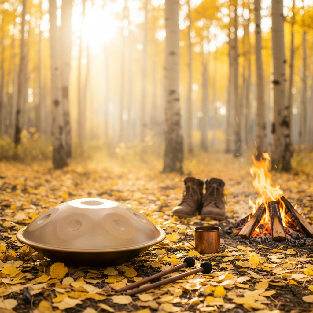 Gold 10-Note Ethereal Wild Sanctuary II handpan by a campfire in an autumn aspen grove