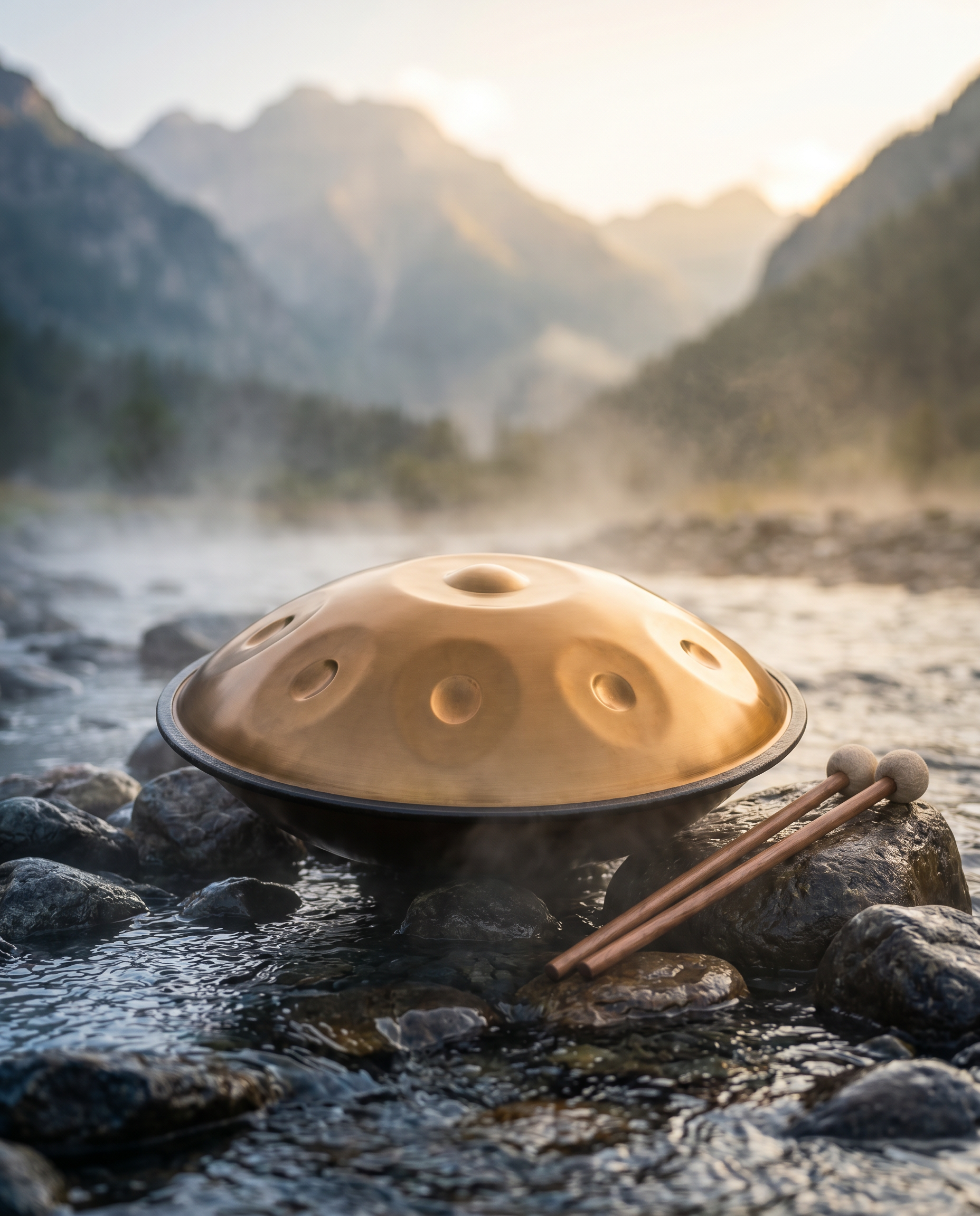 `Gold Ethereal handpan hand dish drum with mallets, resting on a mountain summit above the clouds.