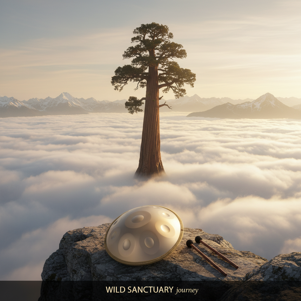 Gold 12-Note Ethereal Wild Sanctuary II handpan on a high ledge above the clouds, tallest tree, golden dawn