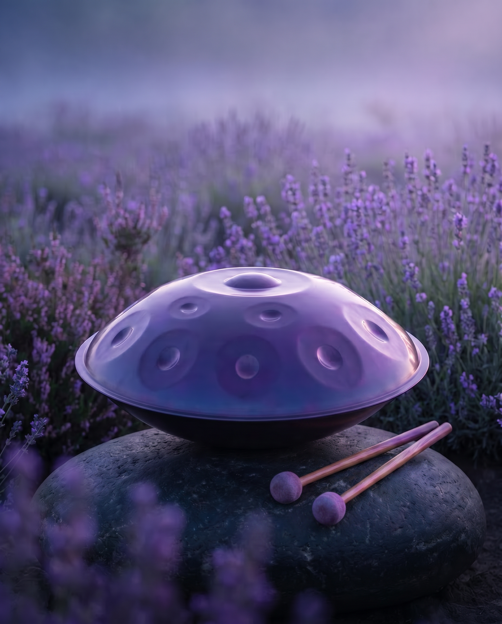 `Purple Ethereal handpan hand dish drum with mallets, resting on a mountain summit above the clouds.