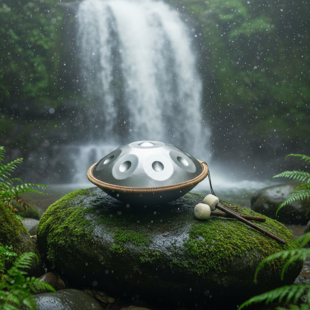 Silver 10-Note Ethereal Wild Sanctuary II handpan up close at a misty waterfall, ethereal spray
