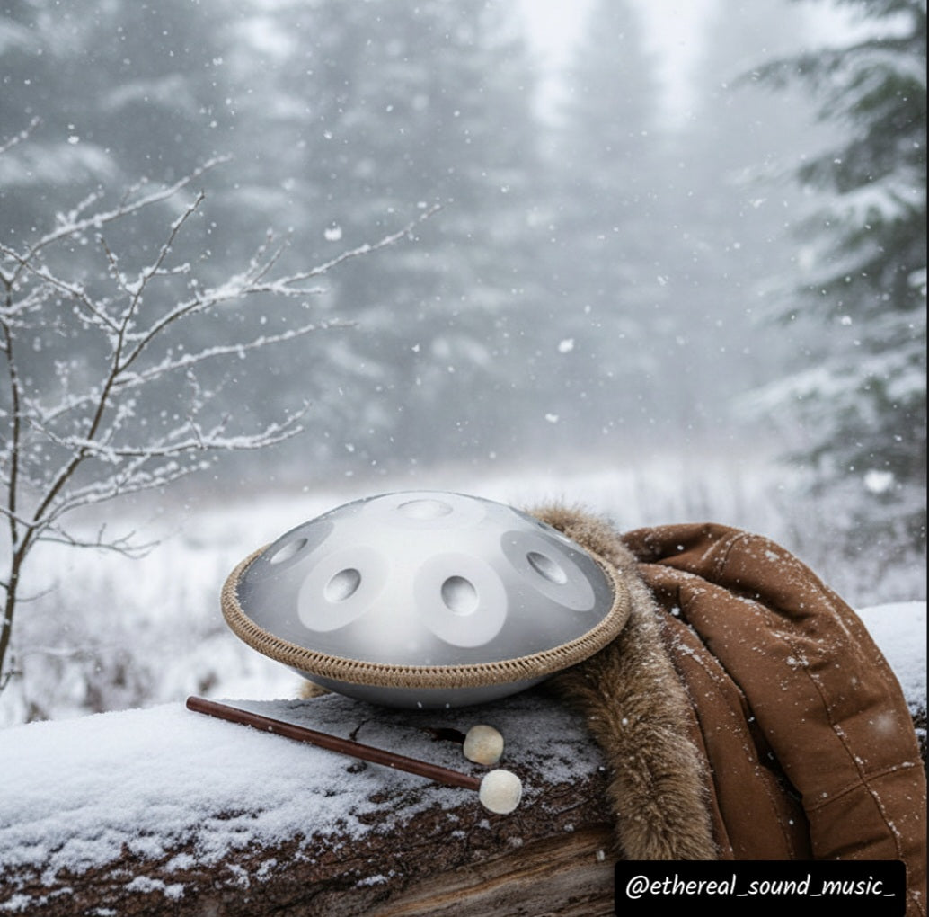 Silver 9-Note Ethereal Wild Sanctuary II handpan in a snowy pine forest with a cozy fur-lined coat