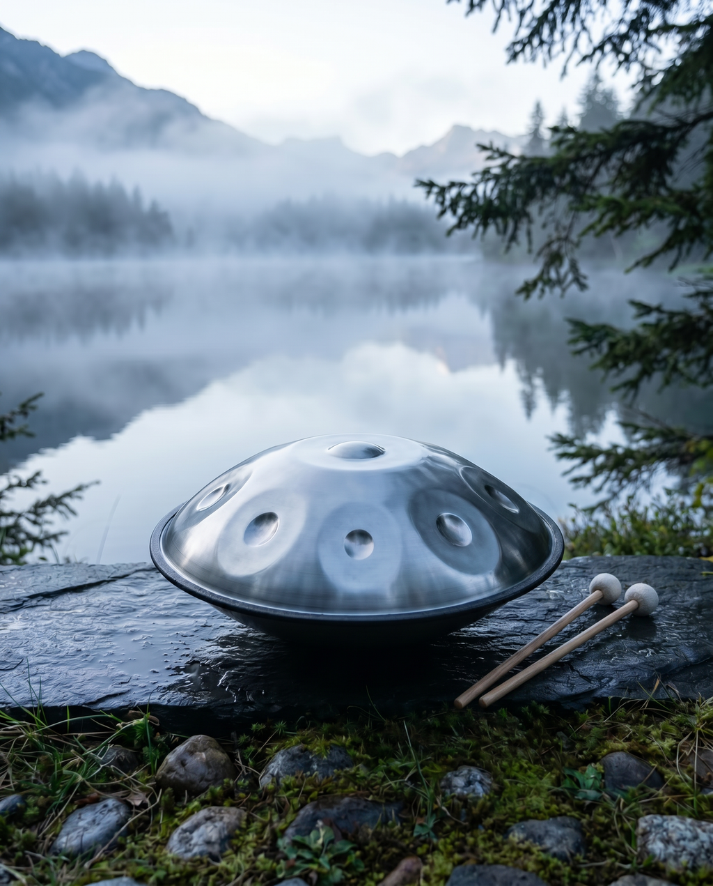`Silver Ethereal handpan hand dish drum with mallets, resting on a mountain summit above the clouds.