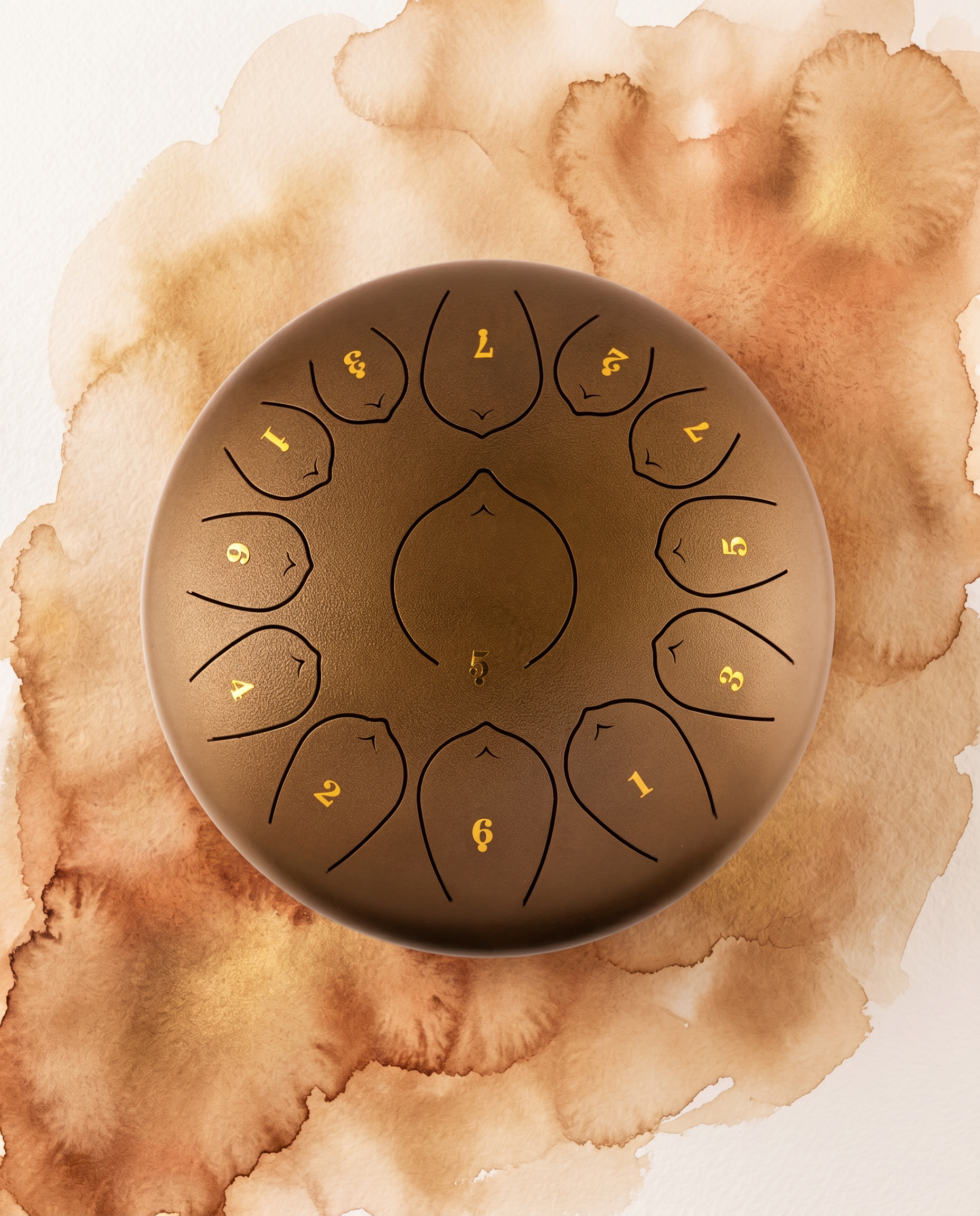 `Antique Bronze Ethereal 12-inch steel tongue drum with numbered notes beneath an ethereal water color sky.