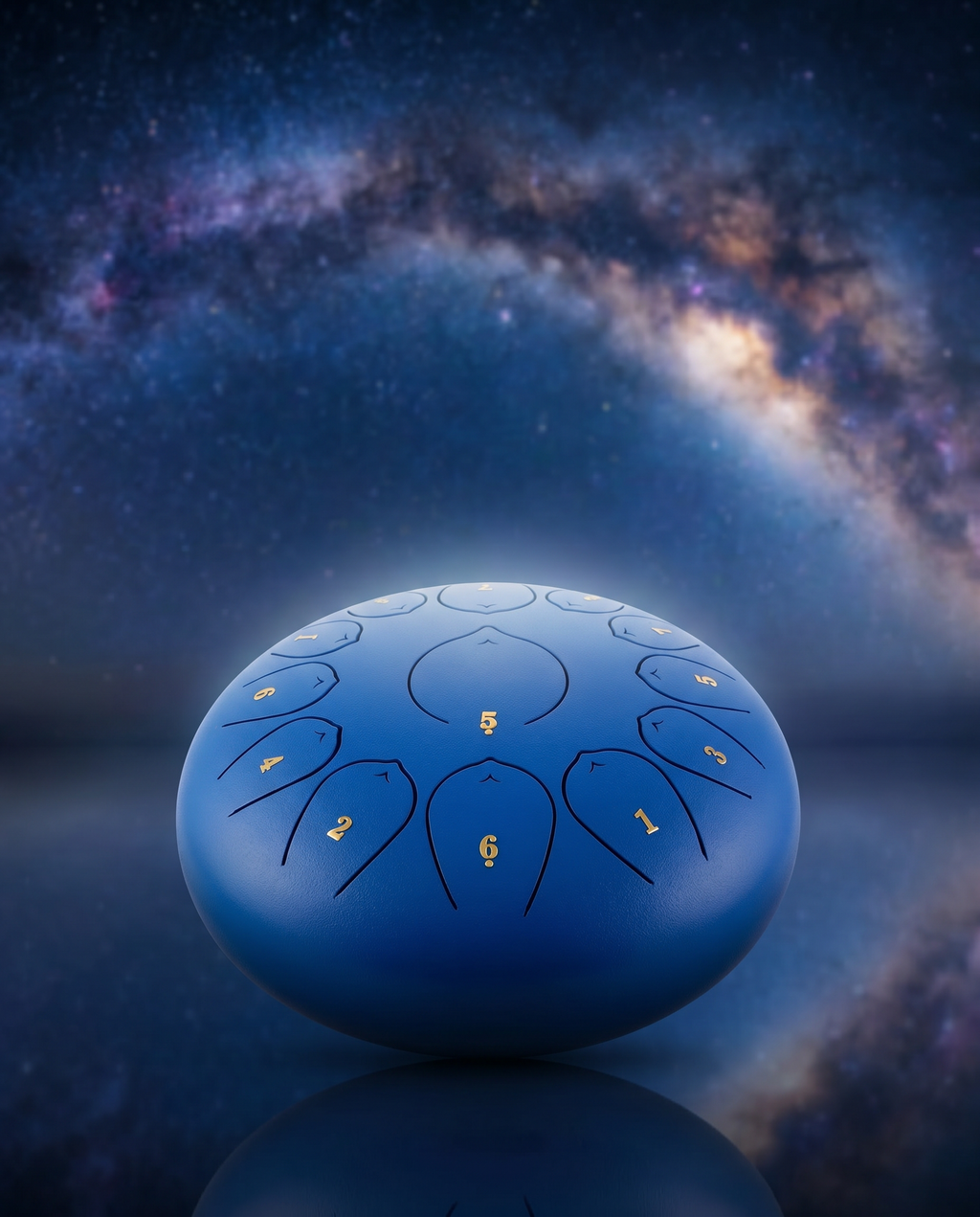 Blue `Ethereal 10-inch steel tongue drum with numbered notes against a dreamy, starlit ethereal sky.`