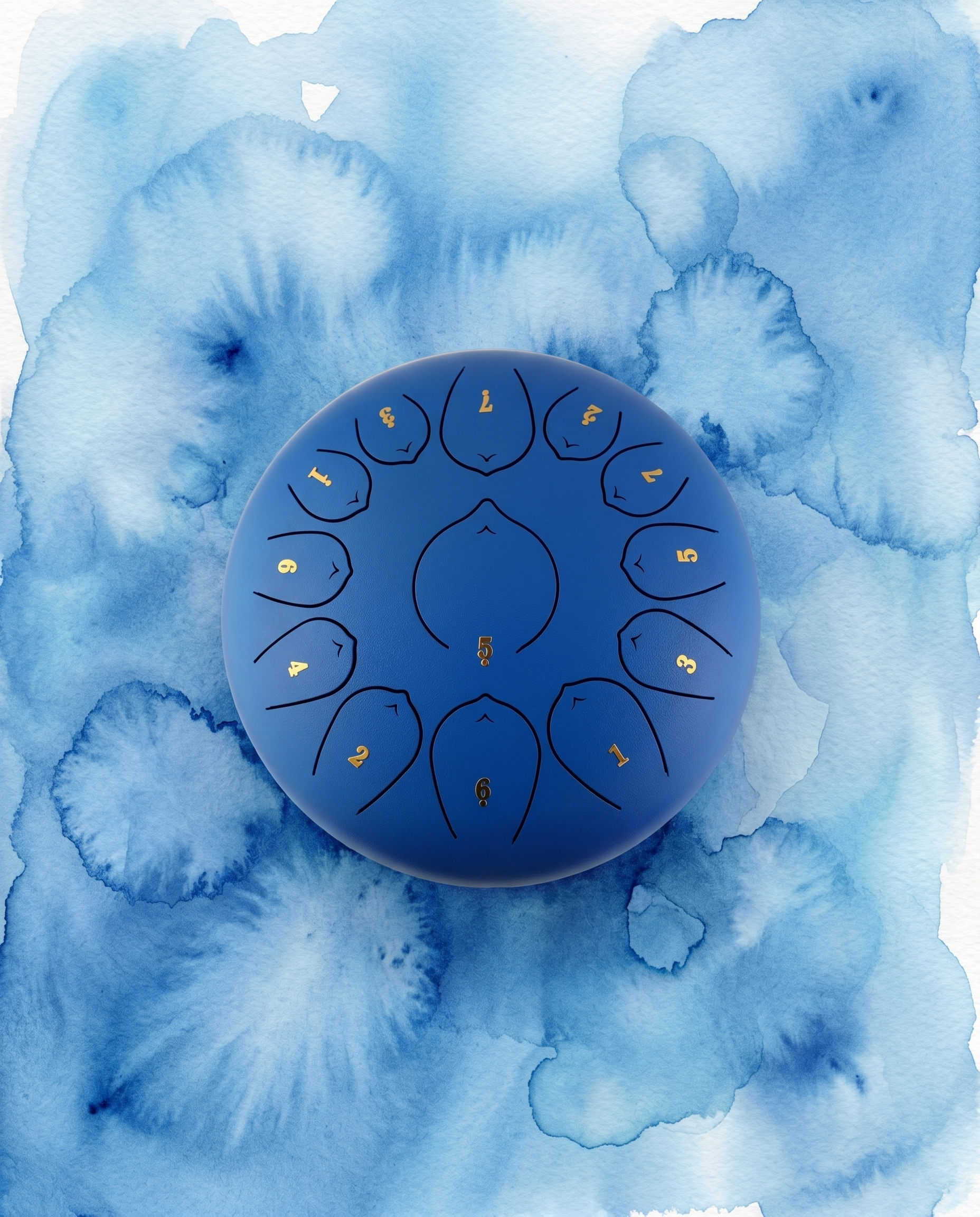 ` Blue Ethereal 12-inch steel tongue drum with numbered notes beneath an ethereal water color sky.