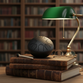 A black 4 inch & 8 tone steel ethereal drum with a mallet rests on a stack of vintage brown books next to a green and brass desk lamp, with eyeglasses on the side, set against a blurred background of a bookshelf.
