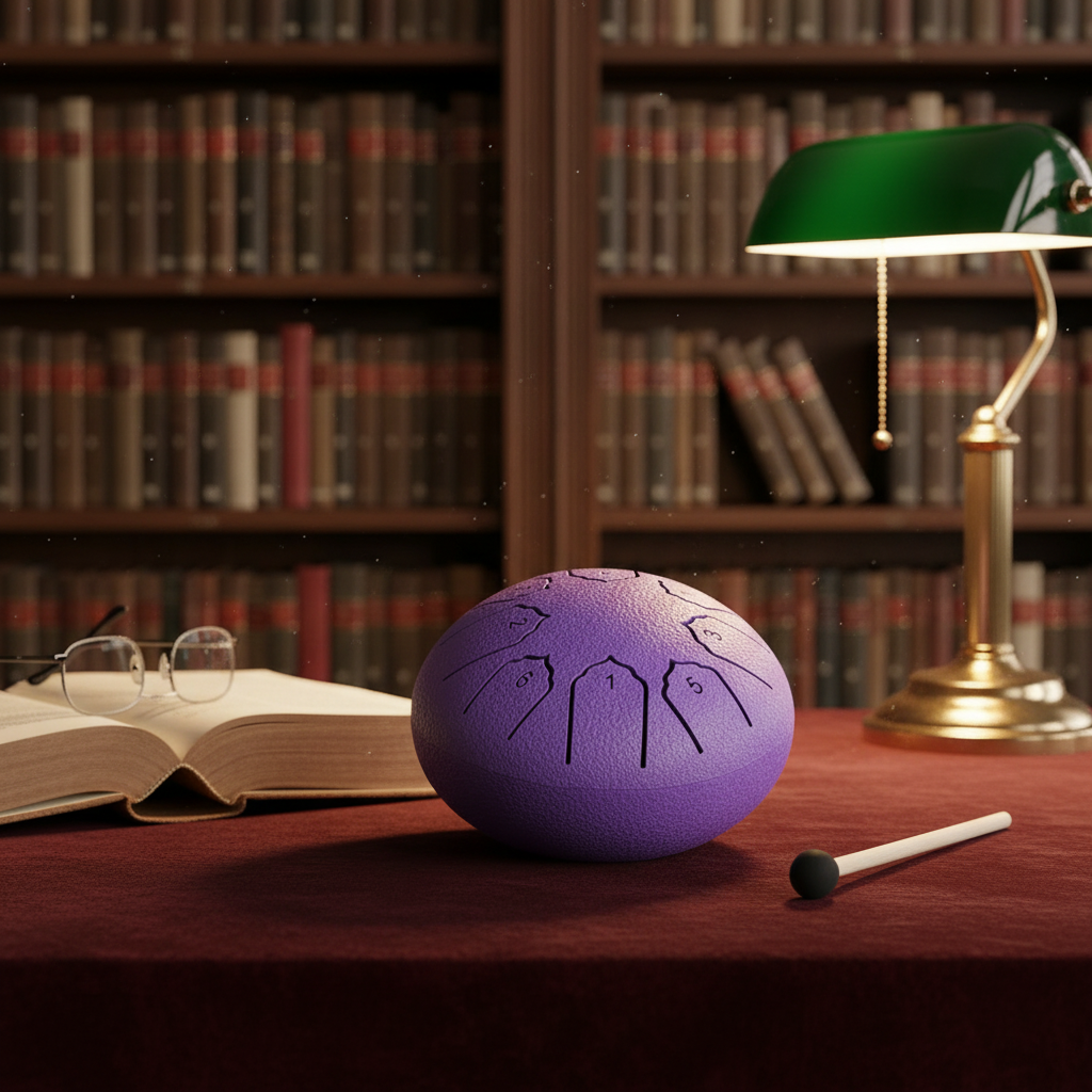 A purple 4 inch 8 note steel drum with black engraved symbols sits on a dark red tablecloth in a library setting, with an open book, glasses, a green lamp, and wooden bookshelves in the background.