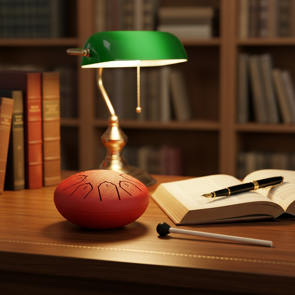 A red 4 inch & 8 tone steel drum-shaped object with black engraved lines sits on a wooden desk beside an open book, a black-and-gold pen, a white pencil, and a green lamp in a warm library setting.