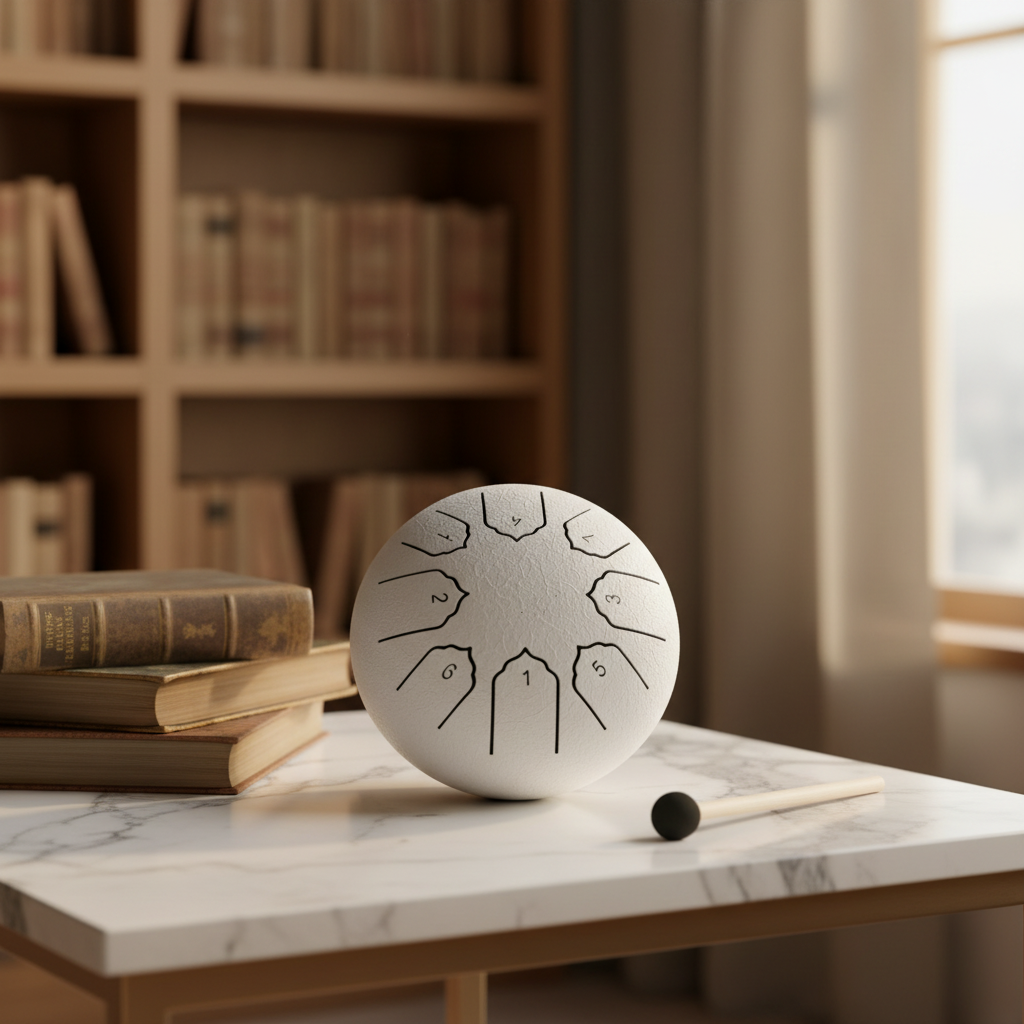 A white 4inch & 8 tone steel tongue drum with black engraved symbols sits on a white marble tabletop, accompanied by a small mallet. In the background, a warm, softly blurred library setting features wooden bookshelves and books.