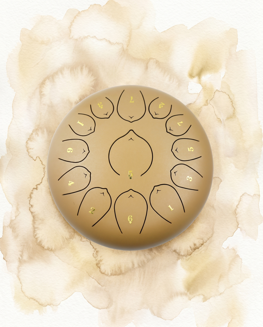 ` Gold Sand Ethereal 12-inch steel tongue drum with numbered notes beneath an ethereal water color sky.