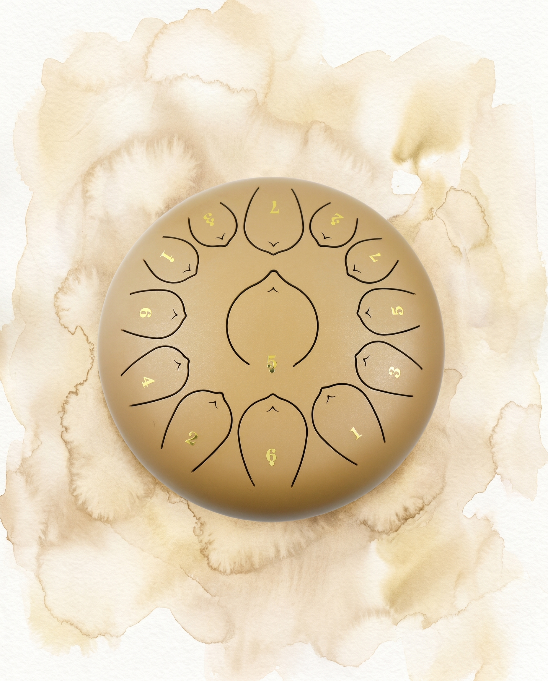 ` Gold Sand Ethereal 12-inch steel tongue drum with numbered notes beneath an ethereal water color sky.