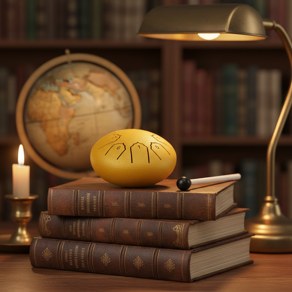A yellow golden 4 inch & 8 tone steel drum with black engraved symbols sits on a stack of three vintage brown books on a wooden table, with a lit brass desk lamp, candle, and globe in a blurred library background.
