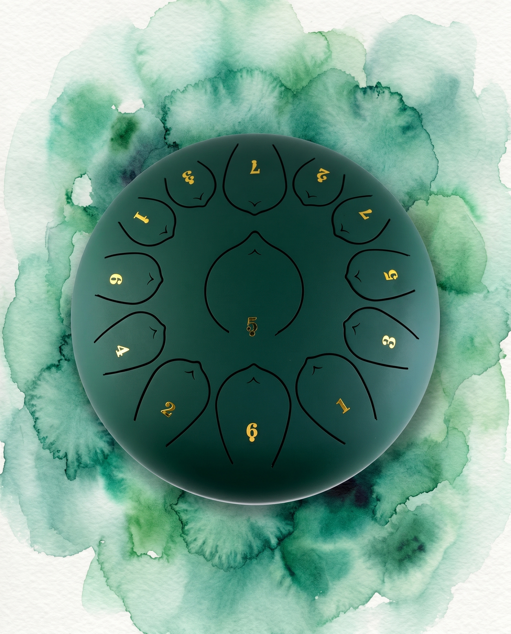 `Green Ethereal 12-inch steel tongue drum with numbered notes beneath an ethereal water color sky.