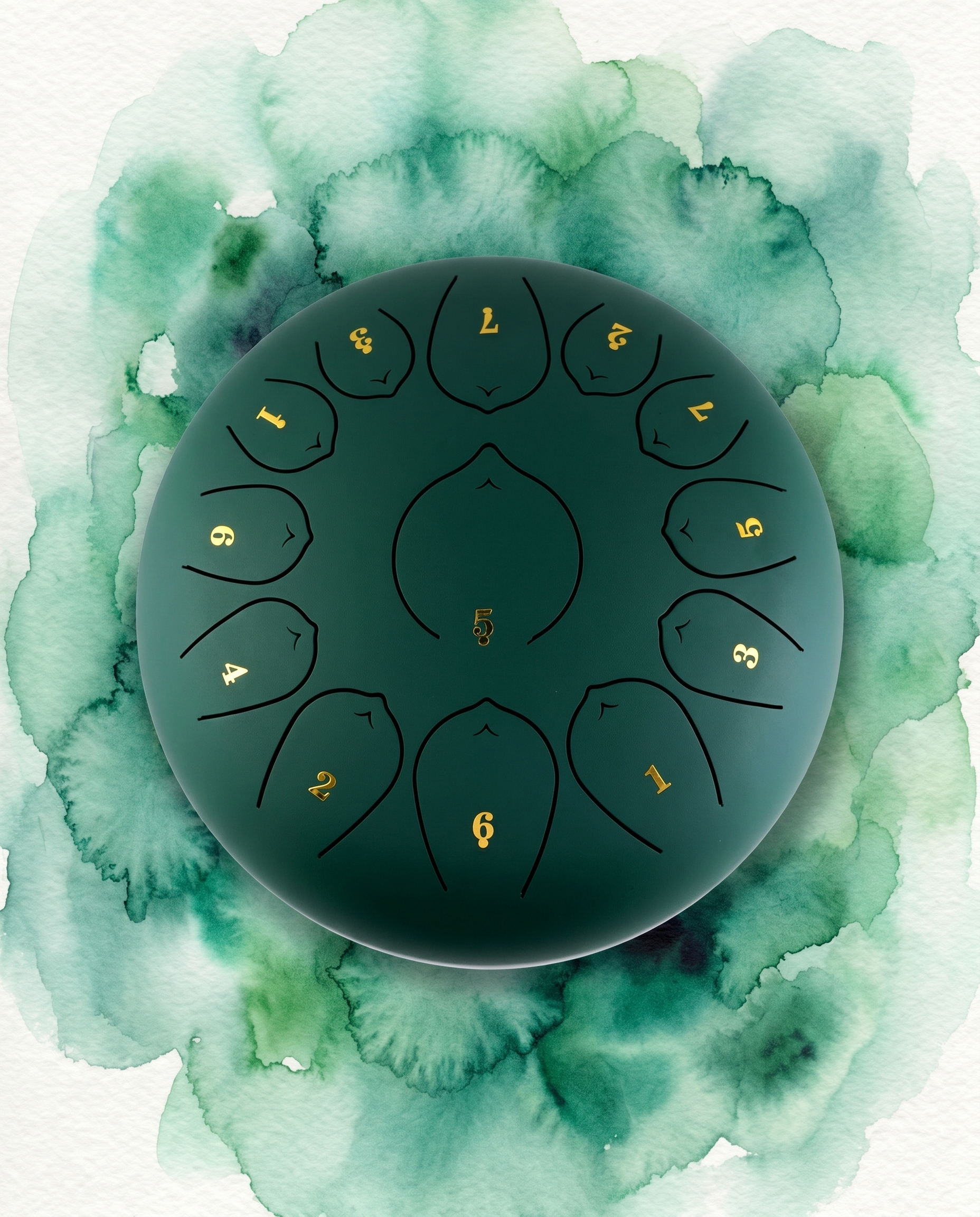 `Green Ethereal 12-inch steel tongue drum with numbered notes beneath an ethereal water color sky.