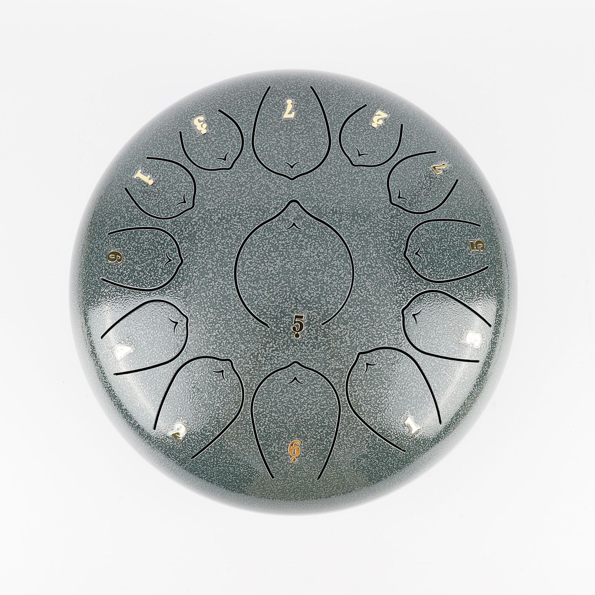 `Jade Celadon Ethereal 12-inch steel tongue drum with numbered notes beneath an ethereal water color sky.