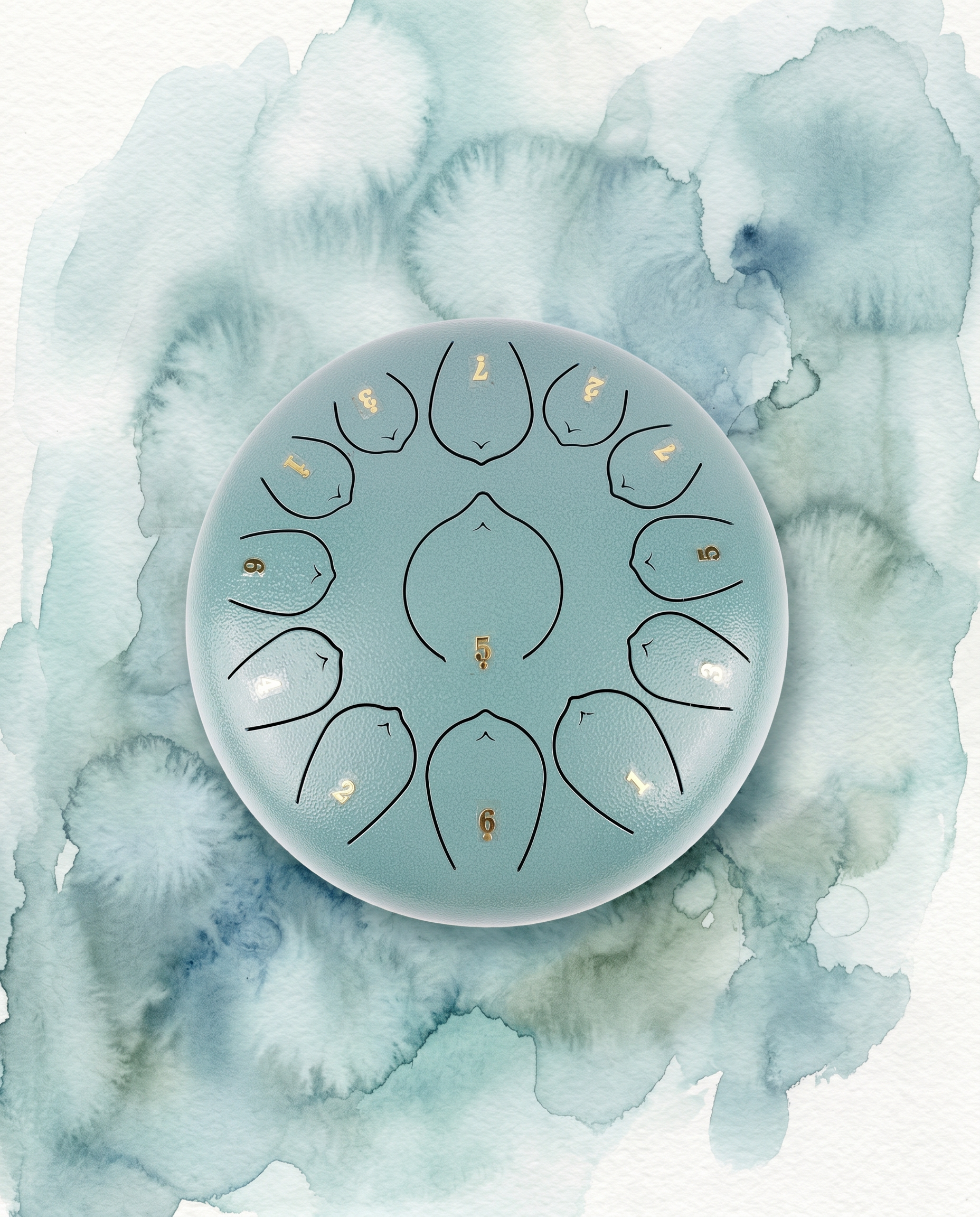 `Moss Blue Ethereal 12-inch steel tongue drum with numbered notes beneath an ethereal water color sky.