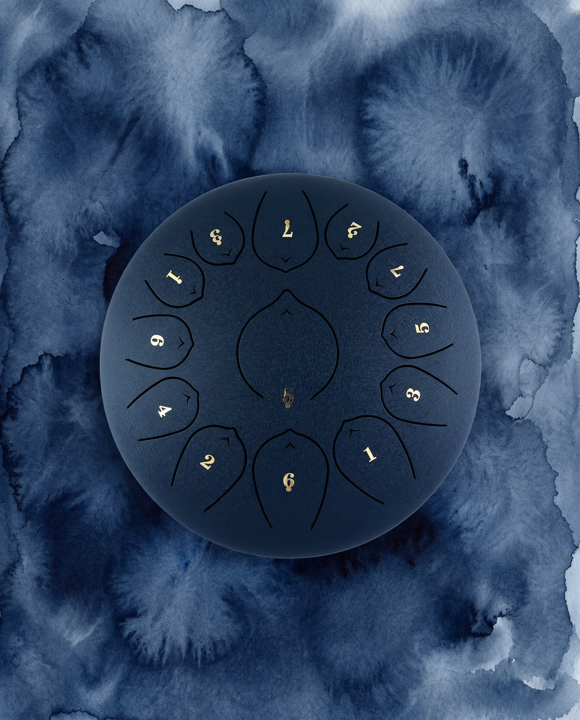 ` Navy Blue Ethereal 12-inch steel tongue drum with numbered notes beneath an ethereal water color sky.