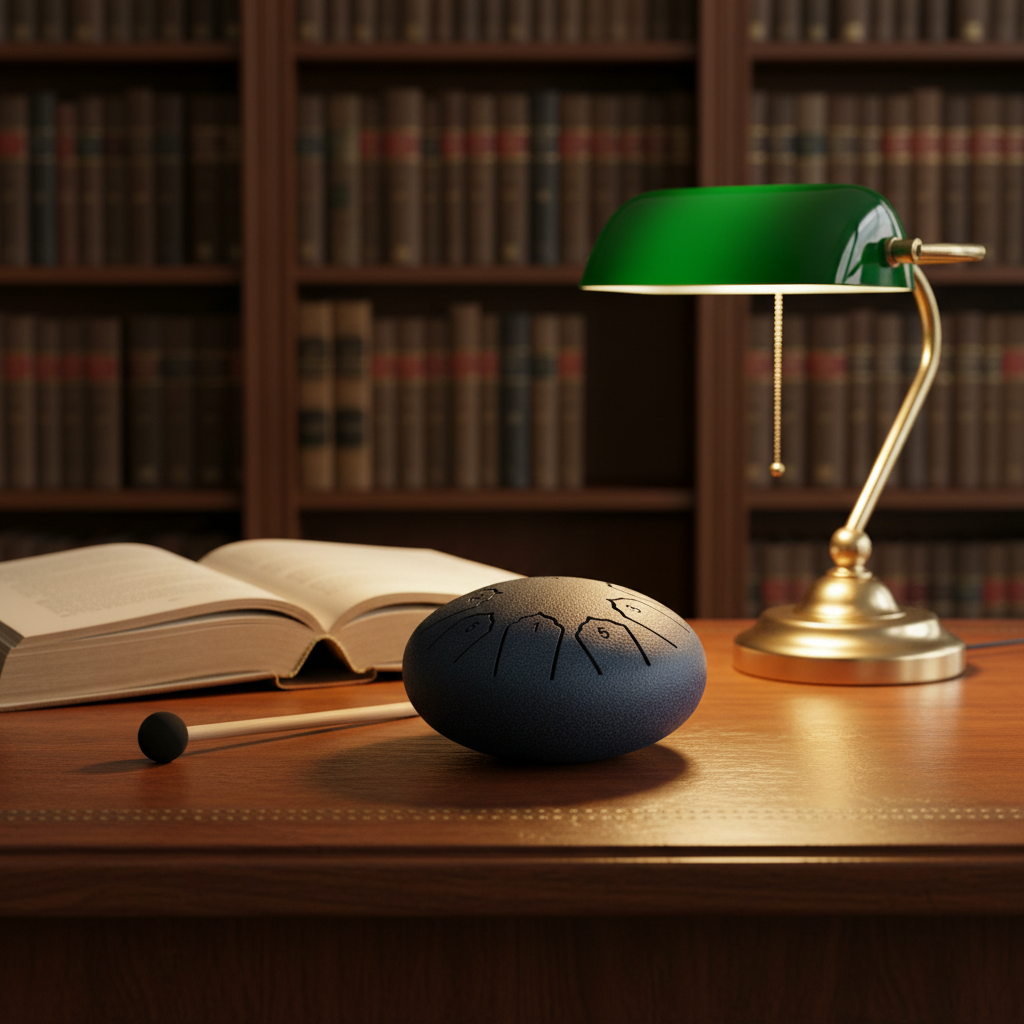 A steel 4 inch 8 note steel drum with engraved musical notes sits on a wooden desk next to a green and gold desk lamp, an open book, and a mallet, with a blurred background of bookshelves.
