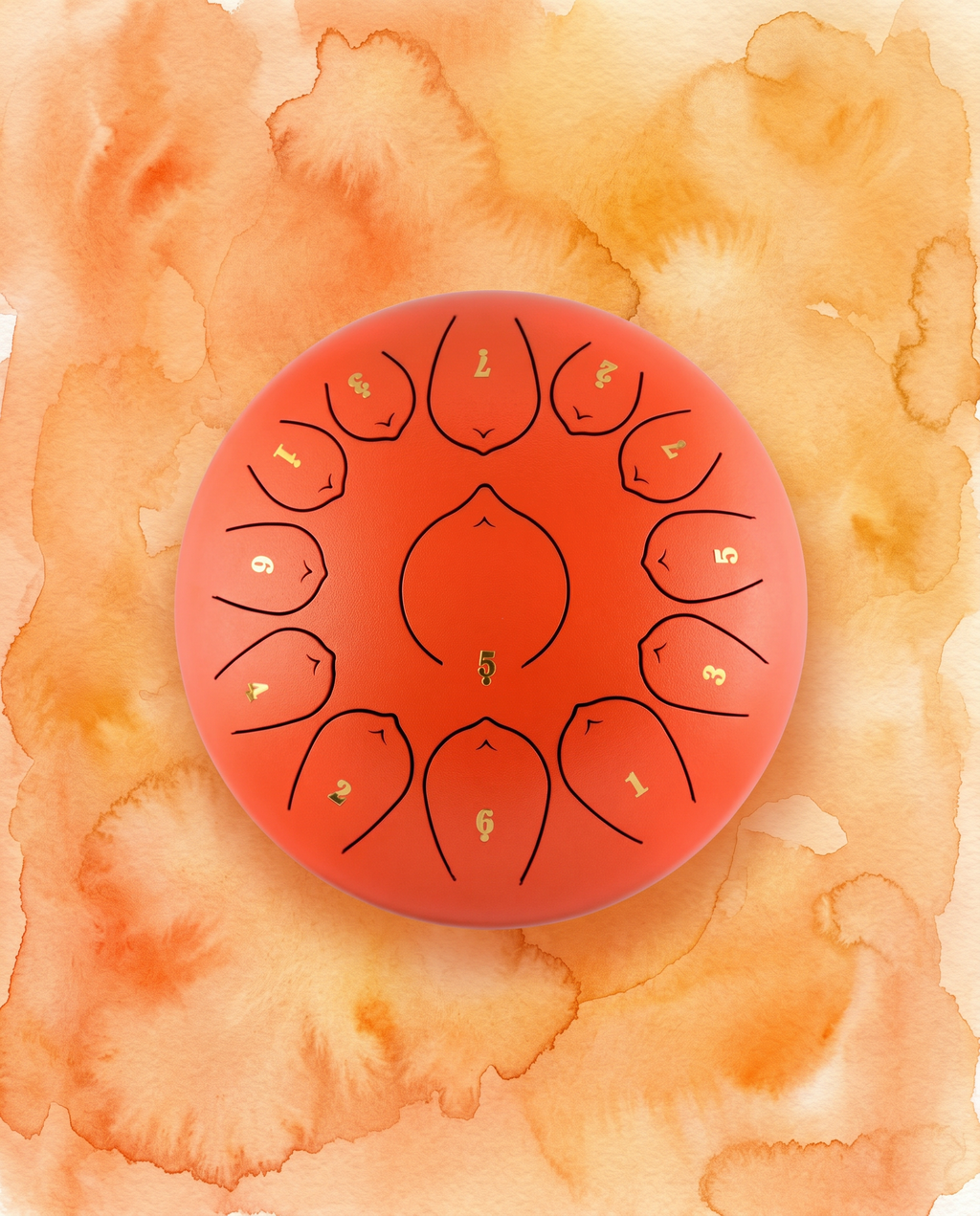 `Orange Ethereal 12-inch steel tongue drum with numbered notes beneath an ethereal water color sky.