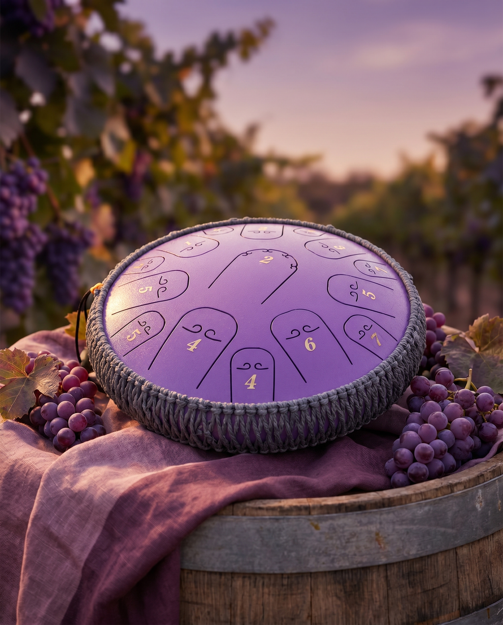 `Purple Ethereal 14-inch steel tongue drum with numbered notes on an oak barrel in a golden vineyard.