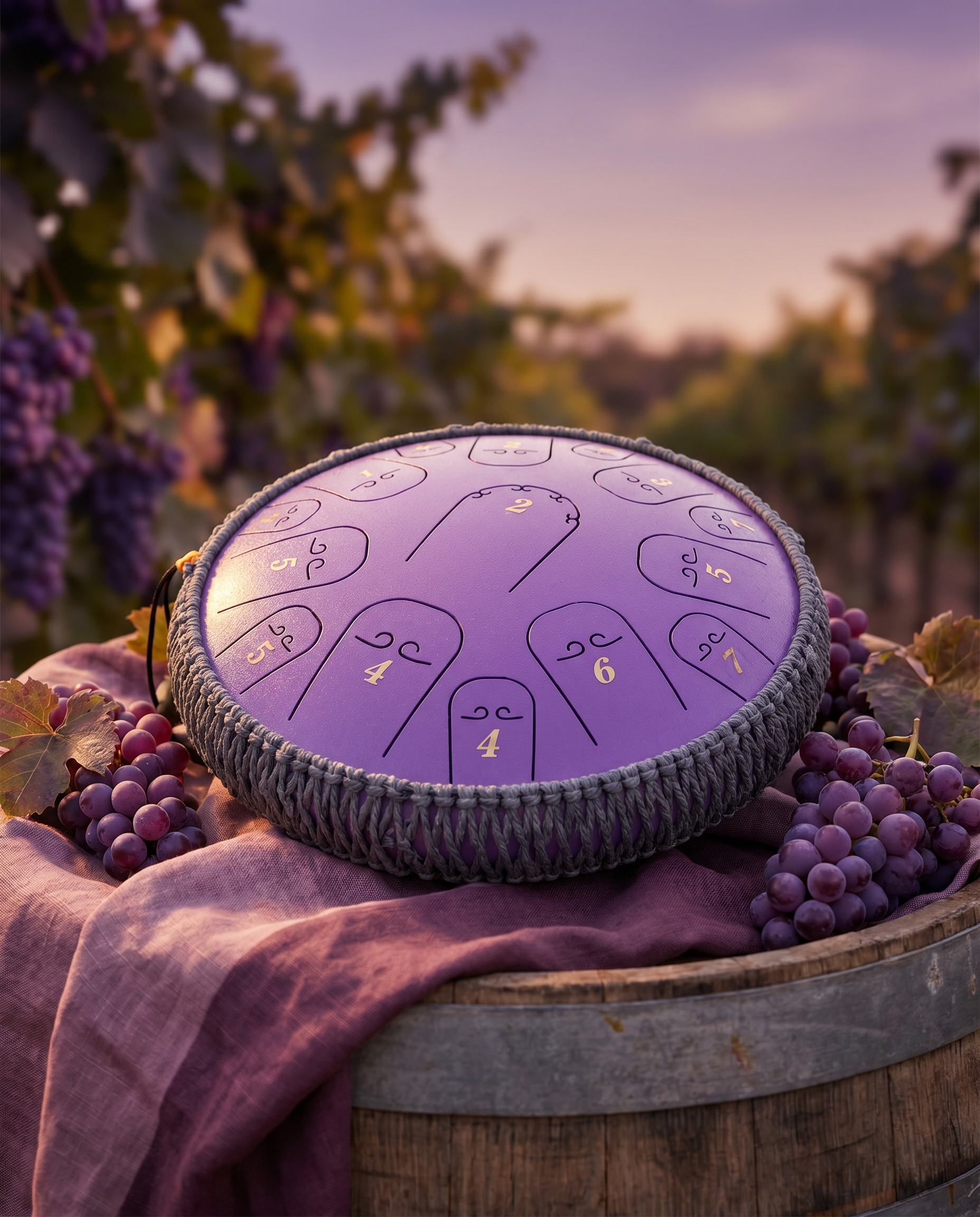 `Purple Ethereal 14-inch steel tongue drum with numbered notes on an oak barrel in a golden vineyard.