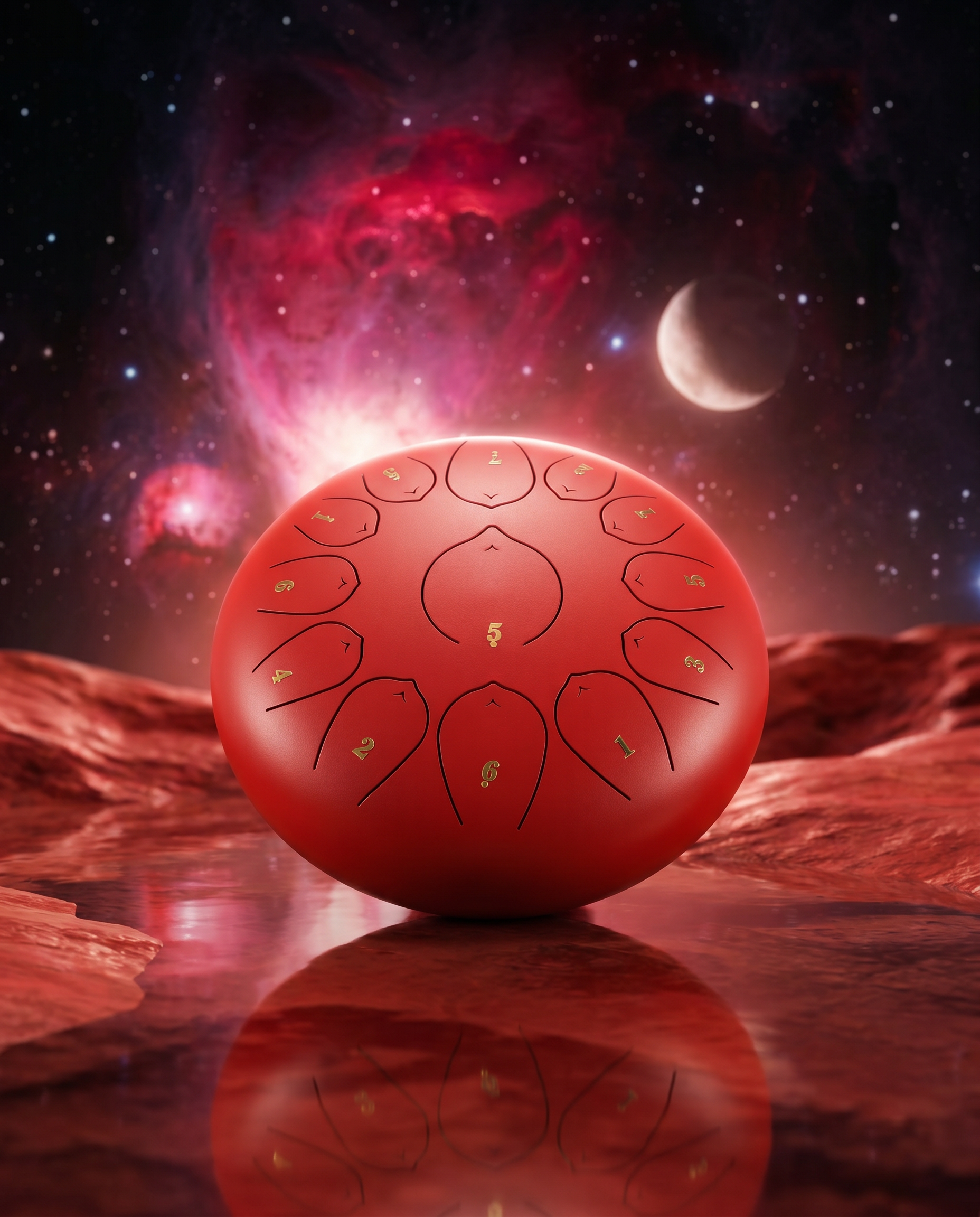 `Red Ethereal 10-inch steel tongue drum with numbered notes against a dreamy, starlit ethereal sky.`