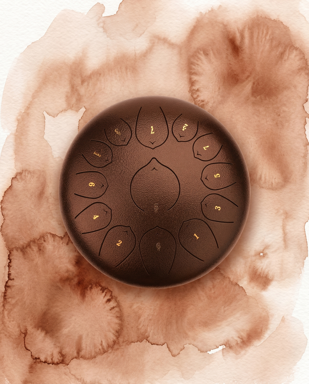 ` Sandlewood Chestnut Ethereal 12-inch steel tongue drum with numbered notes beneath an ethereal water color sky.