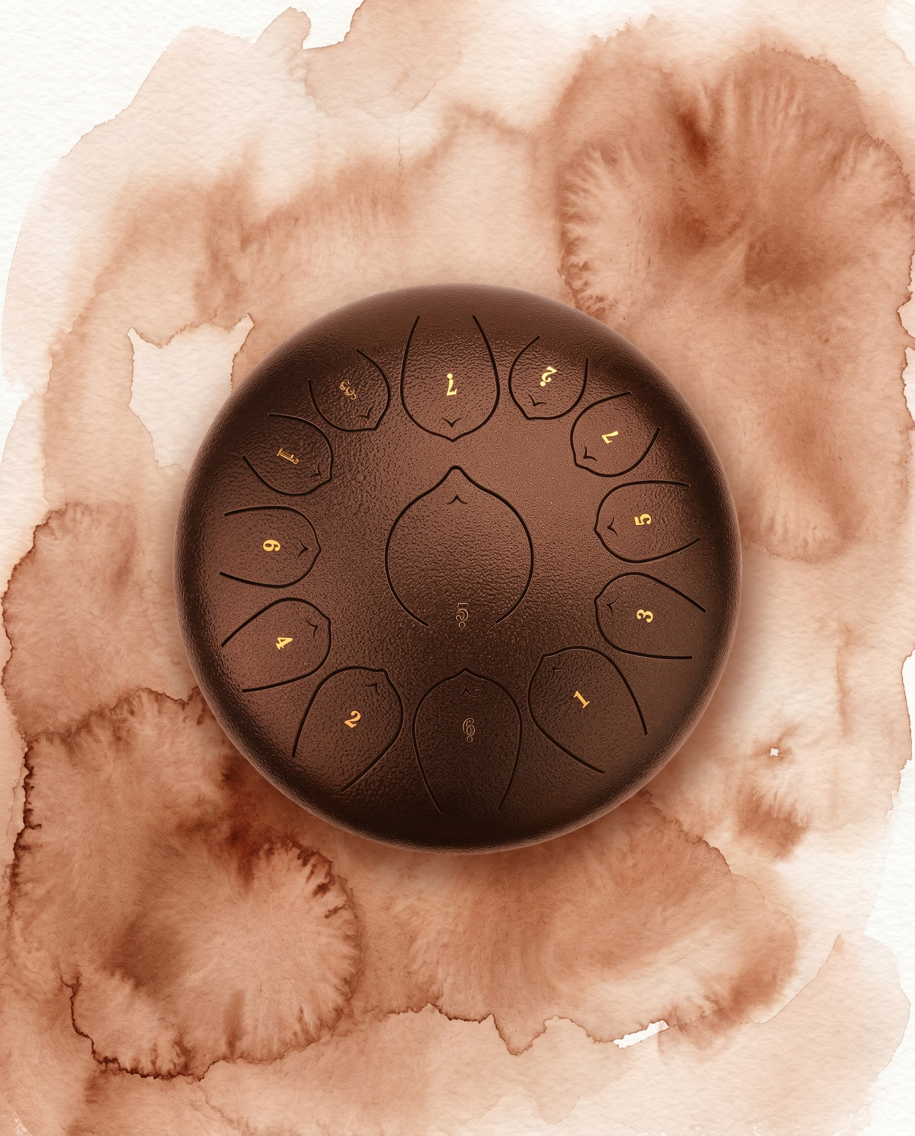 ` Sandlewood Chestnut Ethereal 12-inch steel tongue drum with numbered notes beneath an ethereal water color sky.