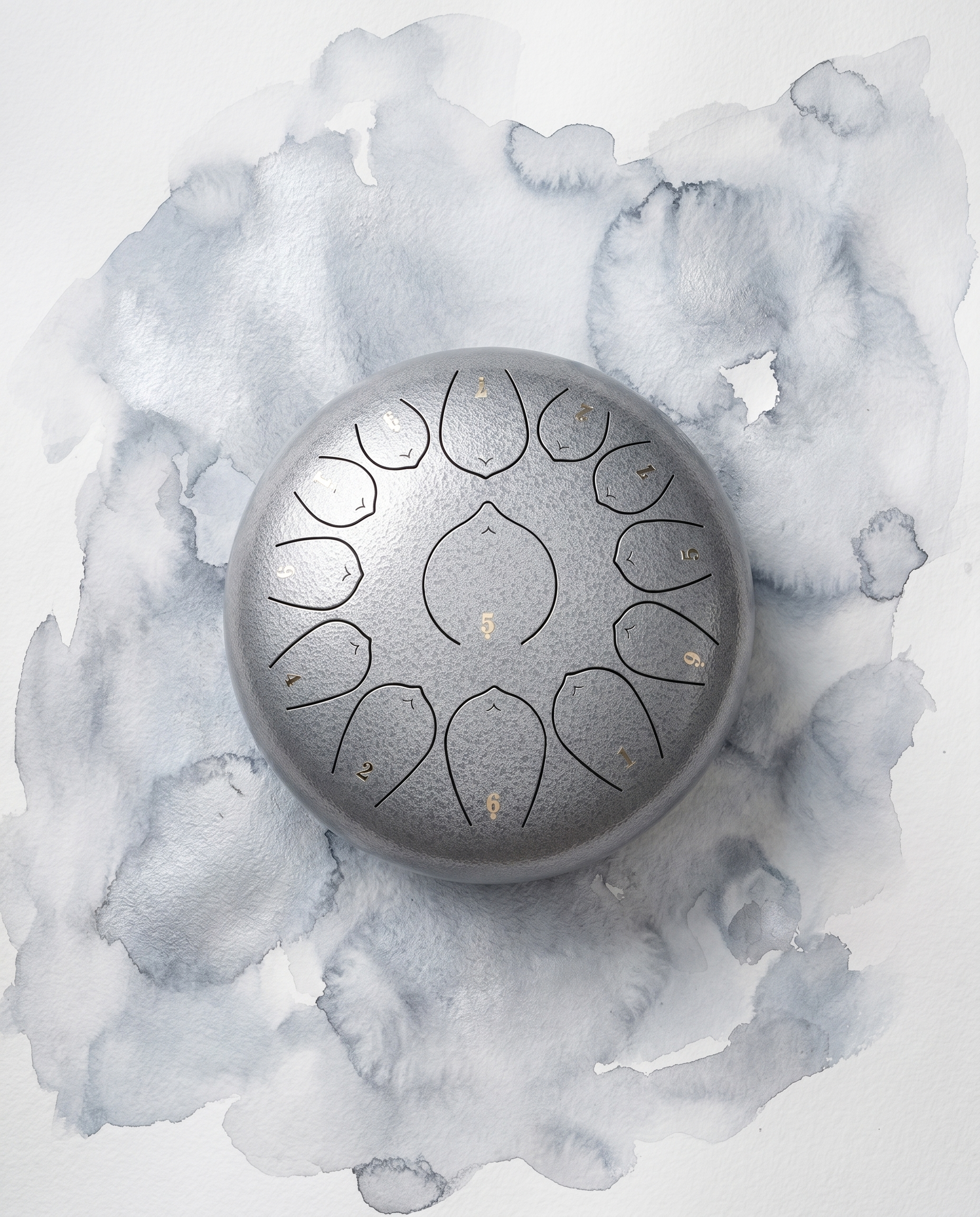 `Silver Ethereal 12-inch steel tongue drum with numbered notes beneath an ethereal water color sky.