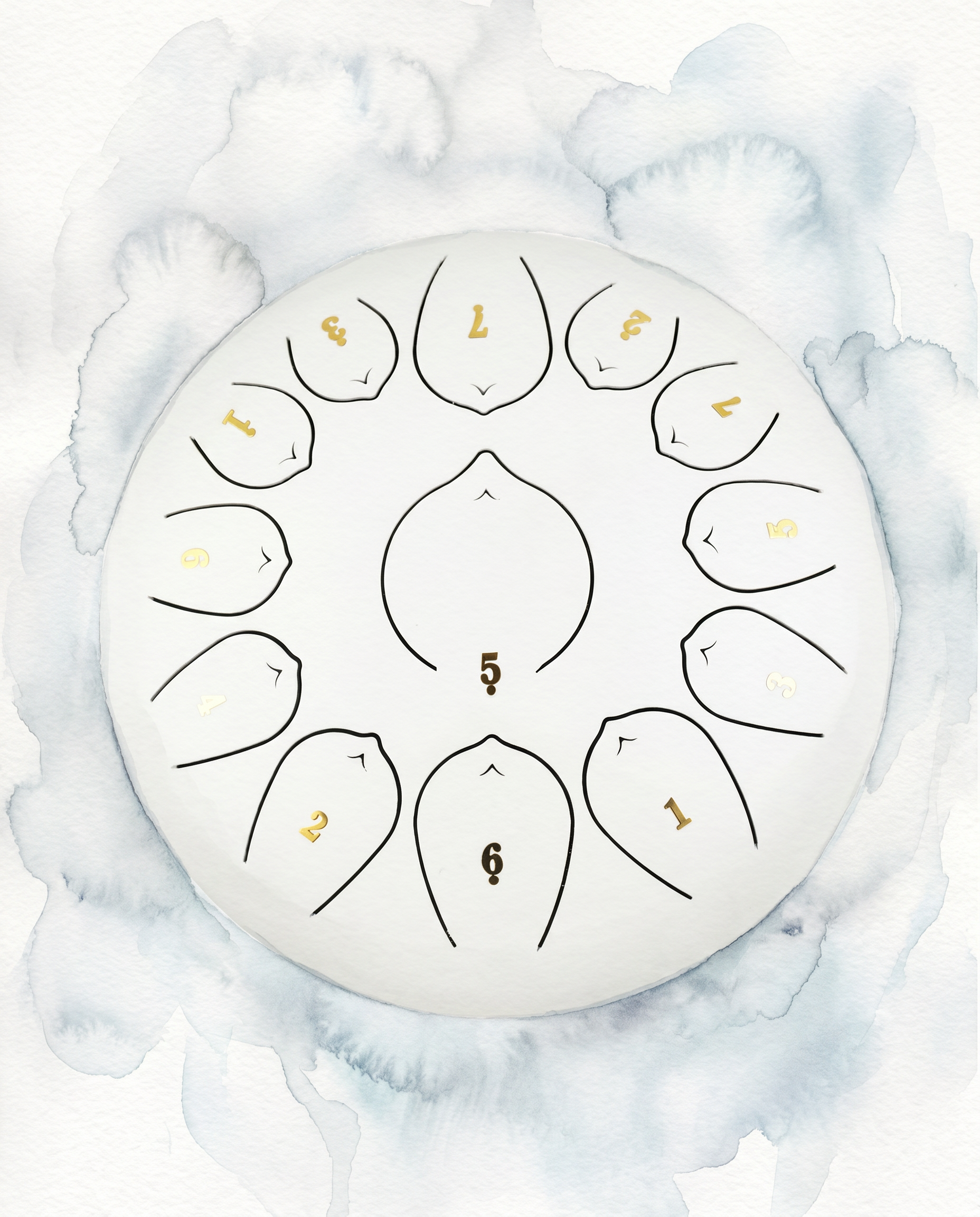 ` White Ethereal 12-inch steel tongue drum with numbered notes beneath an ethereal water color sky.