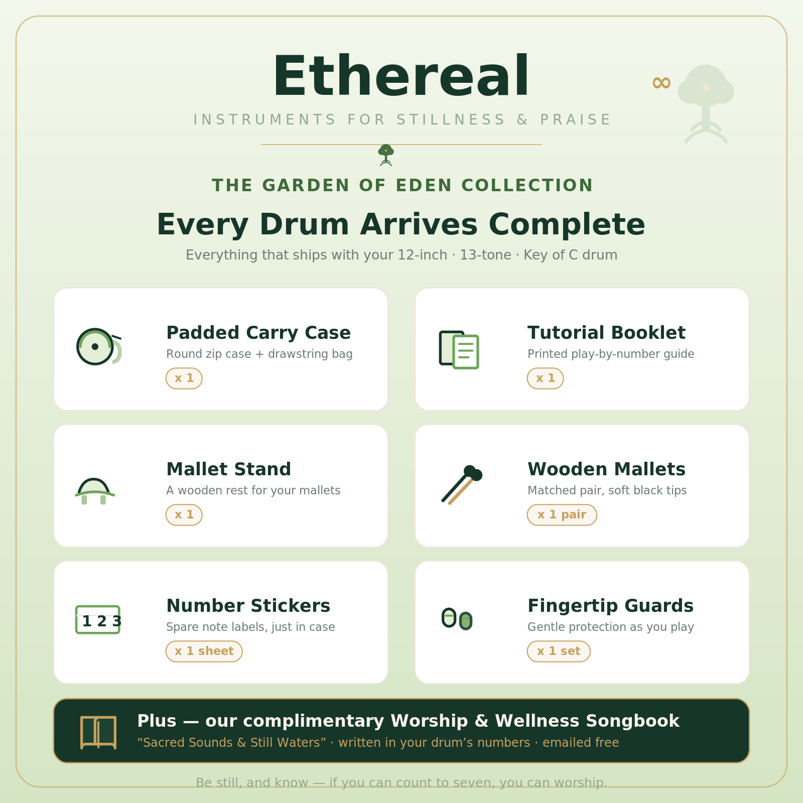 Ethereal Garden of Eden kit — 12-inch drum, case, tutorial booklet, mallets, stickers, and fingertip guards