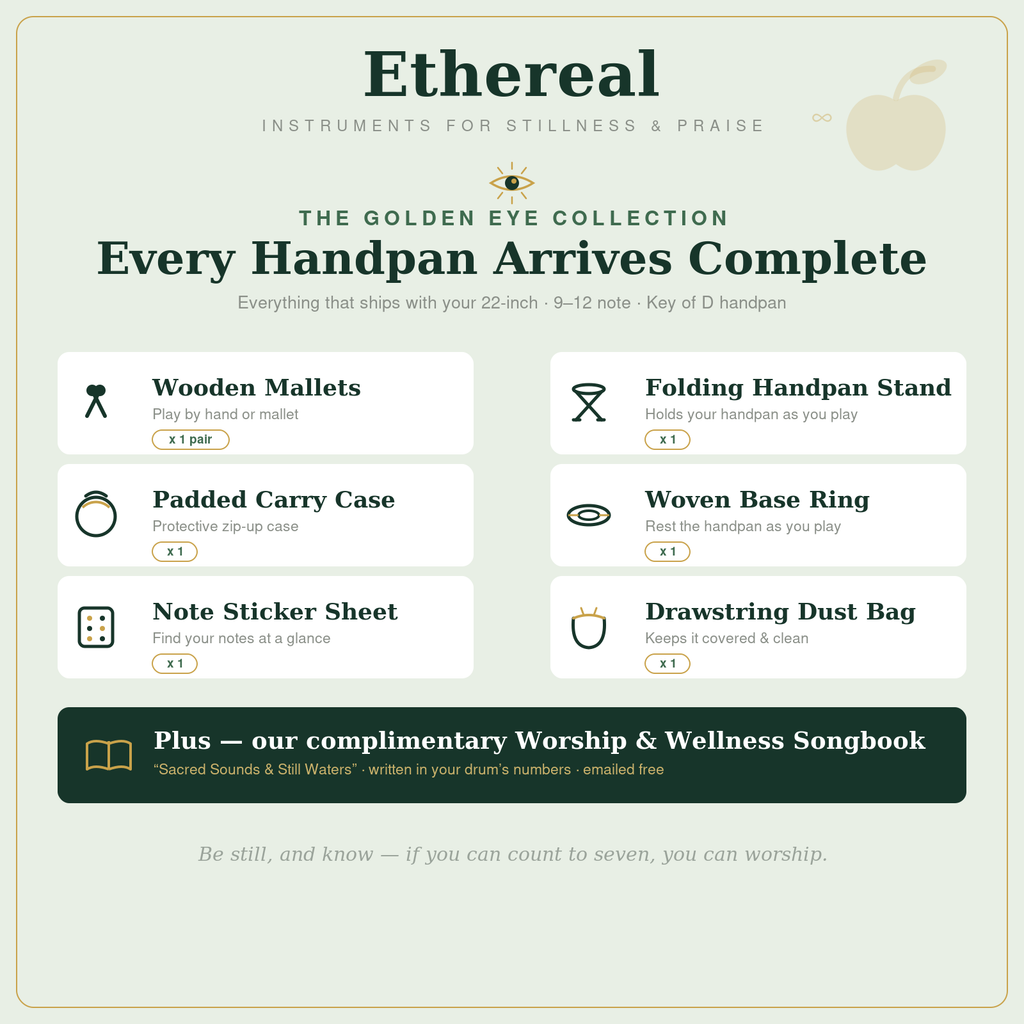 Ethereal Golden Eye kit — 22-inch handpan, mallets, folding seat, hard case, base ring, note stickers, and cleaning cloth