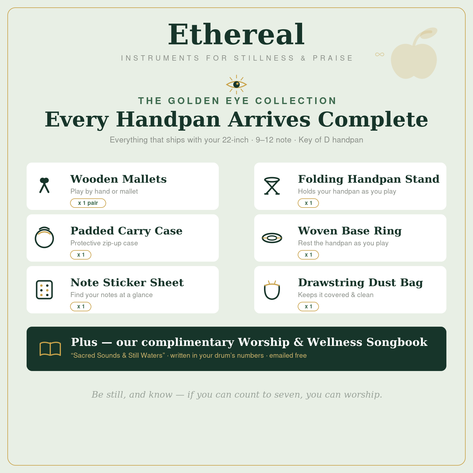 Ethereal Golden Eye kit — 22-inch handpan, mallets, folding seat, hard case, base ring, note stickers, and cleaning cloth