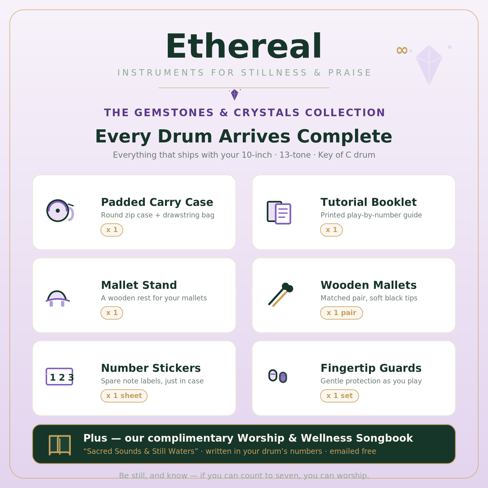 Ethereal Gemstones & Crystals kit — 10-inch drum, case, tutorial booklet, mallets, stickers, and fingertip guards
