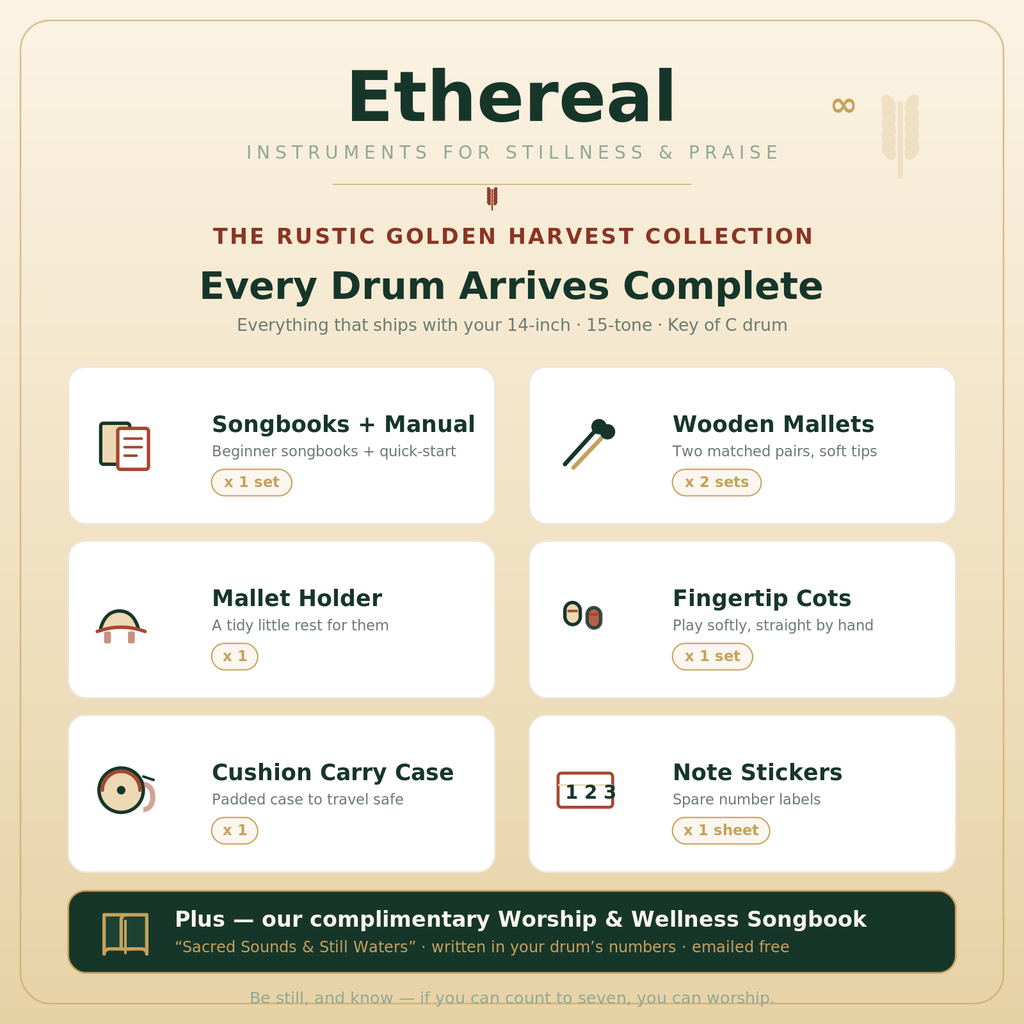 An infographic detailing the 'Rustic Golden Harvest Collection' drum package by Ethereal Instruments. The graphic features a light beige background with a dark green header and lists six included items: Songbooks + Manual, Wooden Mallets, Mallet Holder, Fingertip Cots, Cushion Carry Case, and Note Stickers, each with a small icon and quantity details.