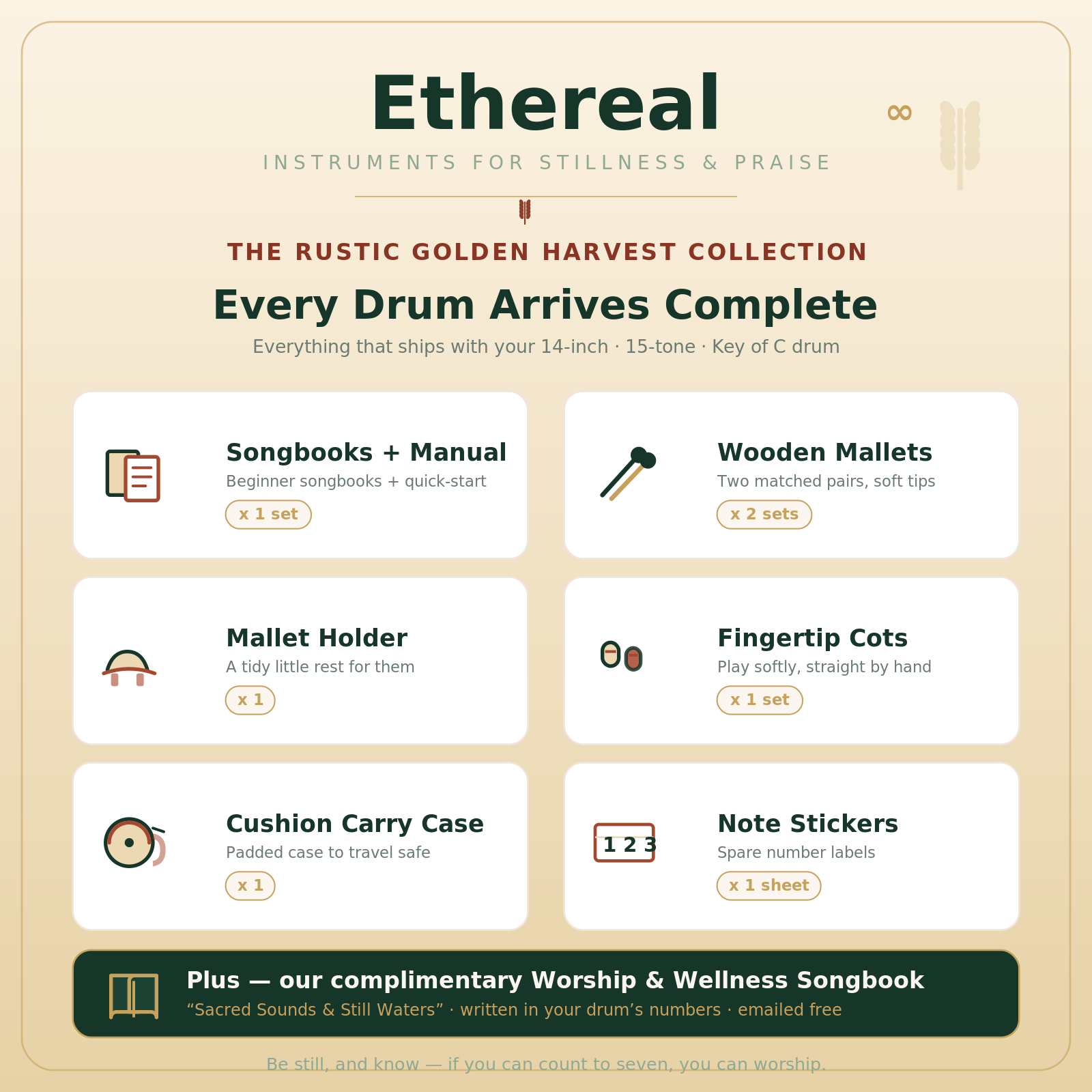 An infographic detailing the 'Rustic Golden Harvest Collection' drum package by Ethereal Instruments. The graphic features a light beige background with a dark green header and lists six included items: Songbooks + Manual, Wooden Mallets, Mallet Holder, Fingertip Cots, Cushion Carry Case, and Note Stickers, each with a small icon and quantity details.